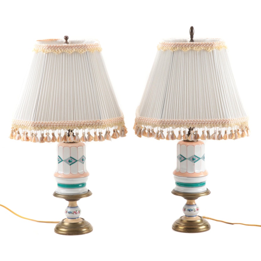 Pair of Continental Porcelain Oil Lamp Converted Table Lamps with Shades