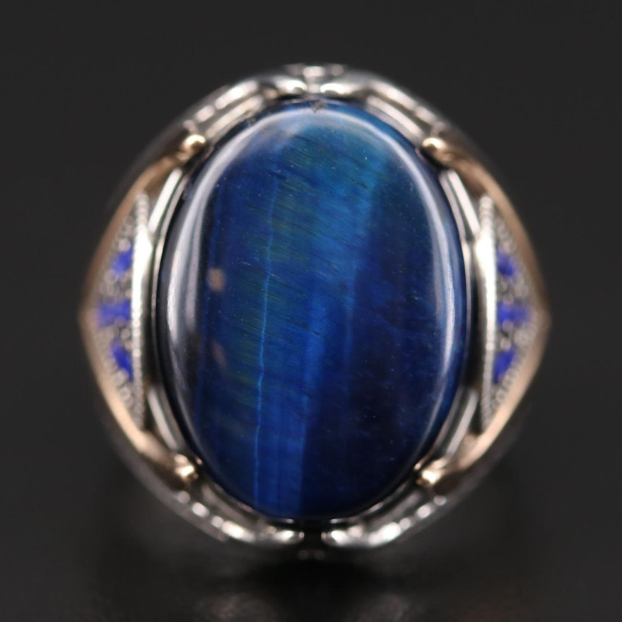 Sterling Silver Tiger's Eye and Blue Glass Ring