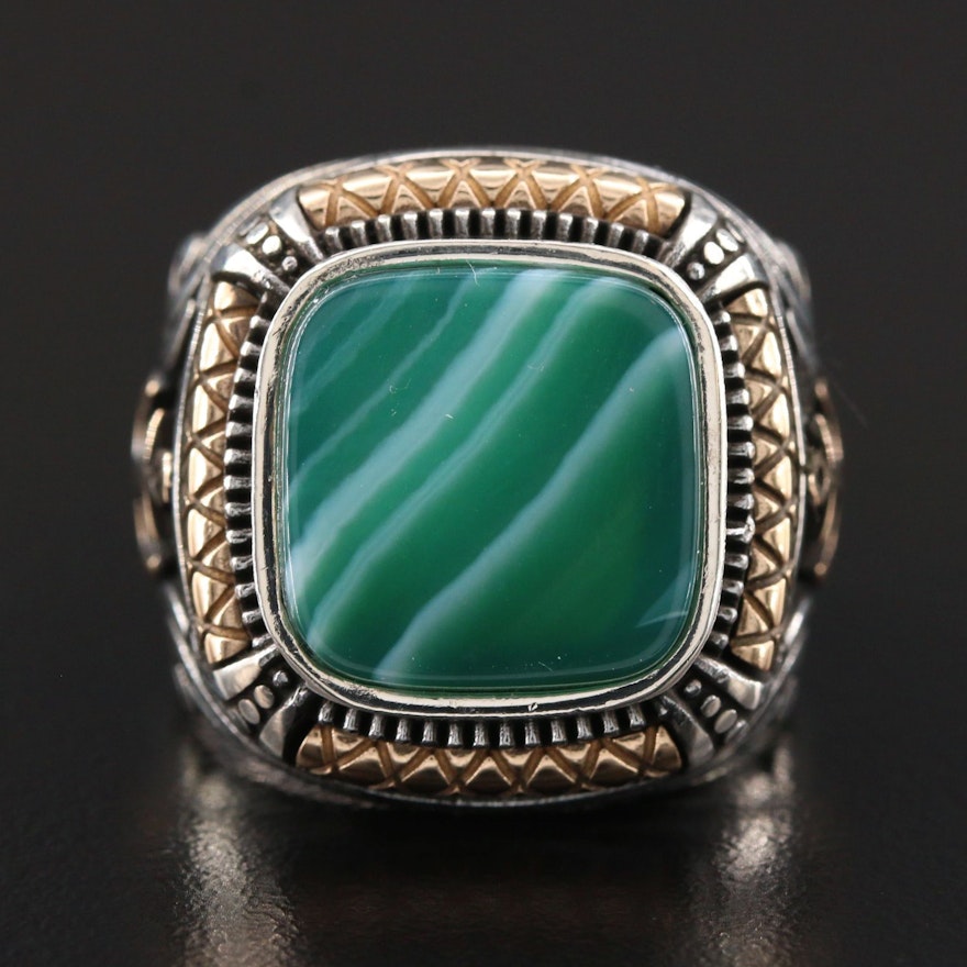 Sterling Silver Malachite Ring with Anchor Accents