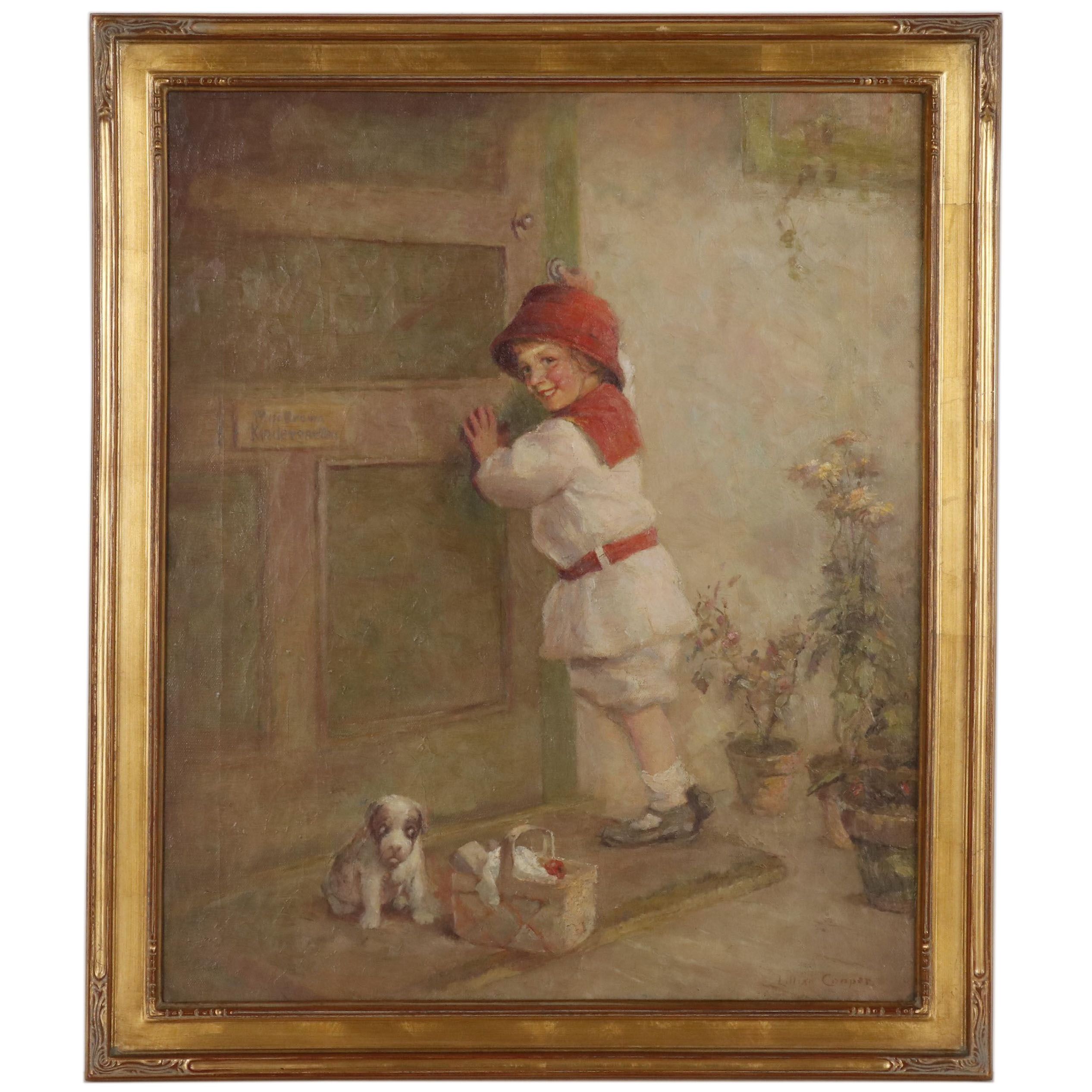 Lillian A. Cooper Oil Painting "Paying a Visit to the Teacher"