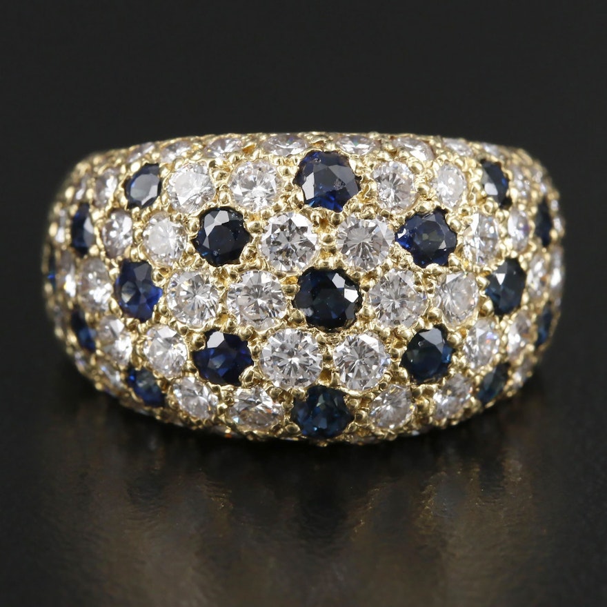 18K Yellow Gold 2.10 CTW Diamond and Sapphire Pavé Dome Ring