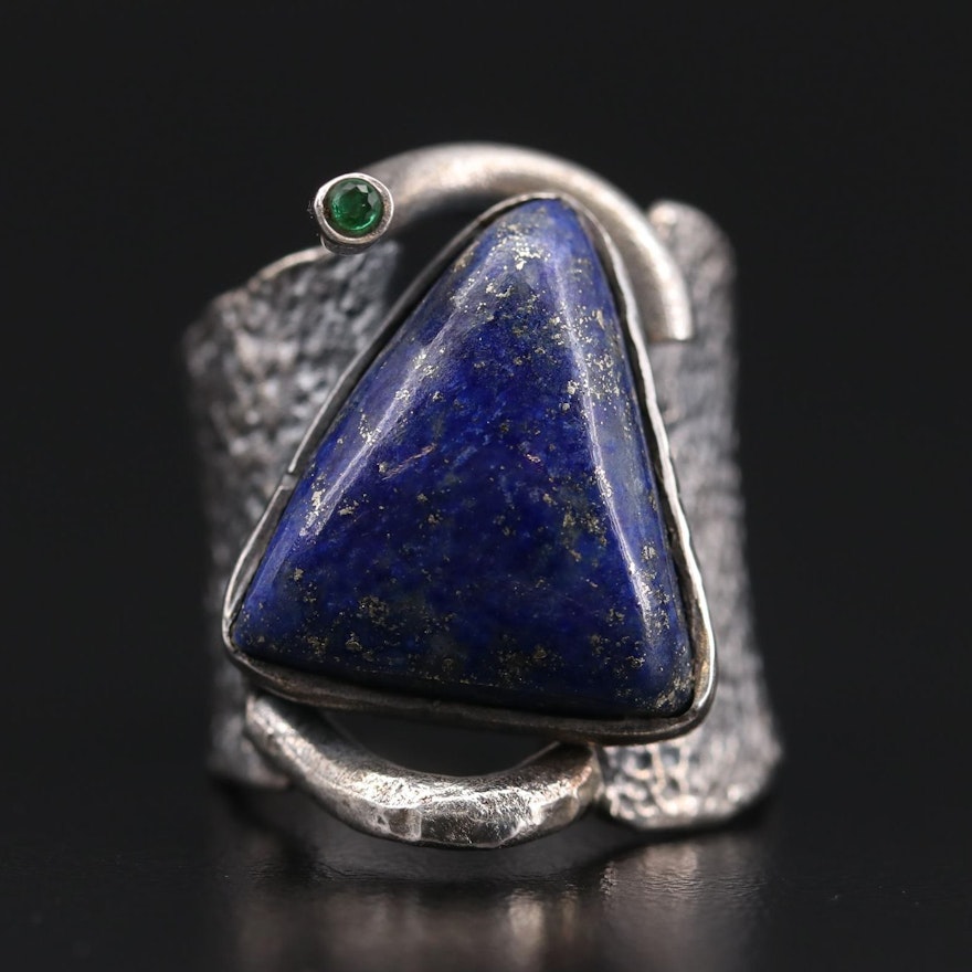 Brutalist Style Sterling Silver Lapis Lazuli and Glass Ring