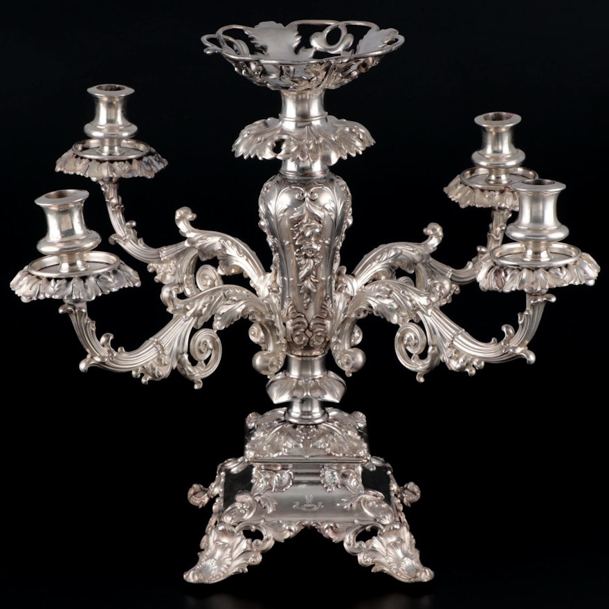 Victorian Style Silver Plate Four-Light Epergne with Heraldry Engraving