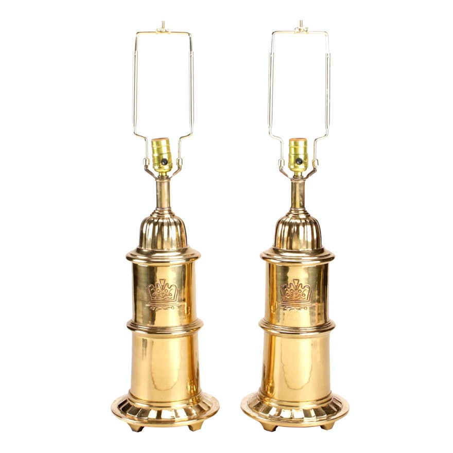 Pair of Brass Canister-Shaped Lamps, Mid to Late 20th Century