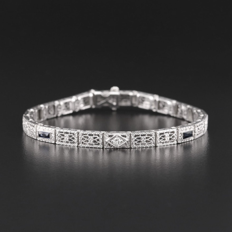 Art Deco 14K and Platinum Diamond and Synthetic Sapphire Bracelet