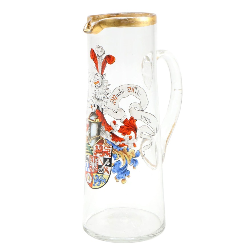 Bavarian Hand-Painted Glass Beer Pitcher Featuring Coat of Arms