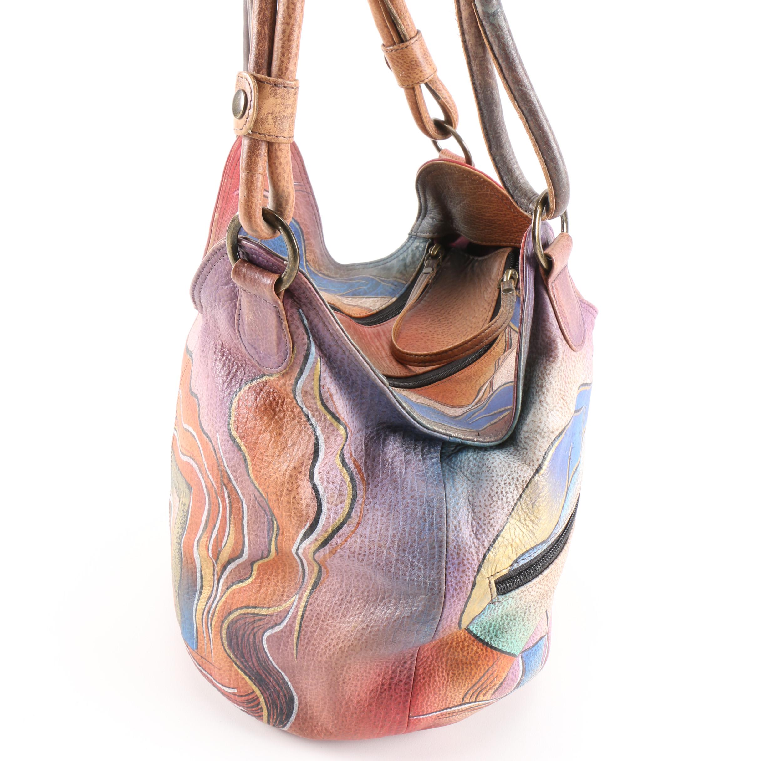 Anuschka Hand-Painted Leather Shoulder Bag with Eyeglass Case