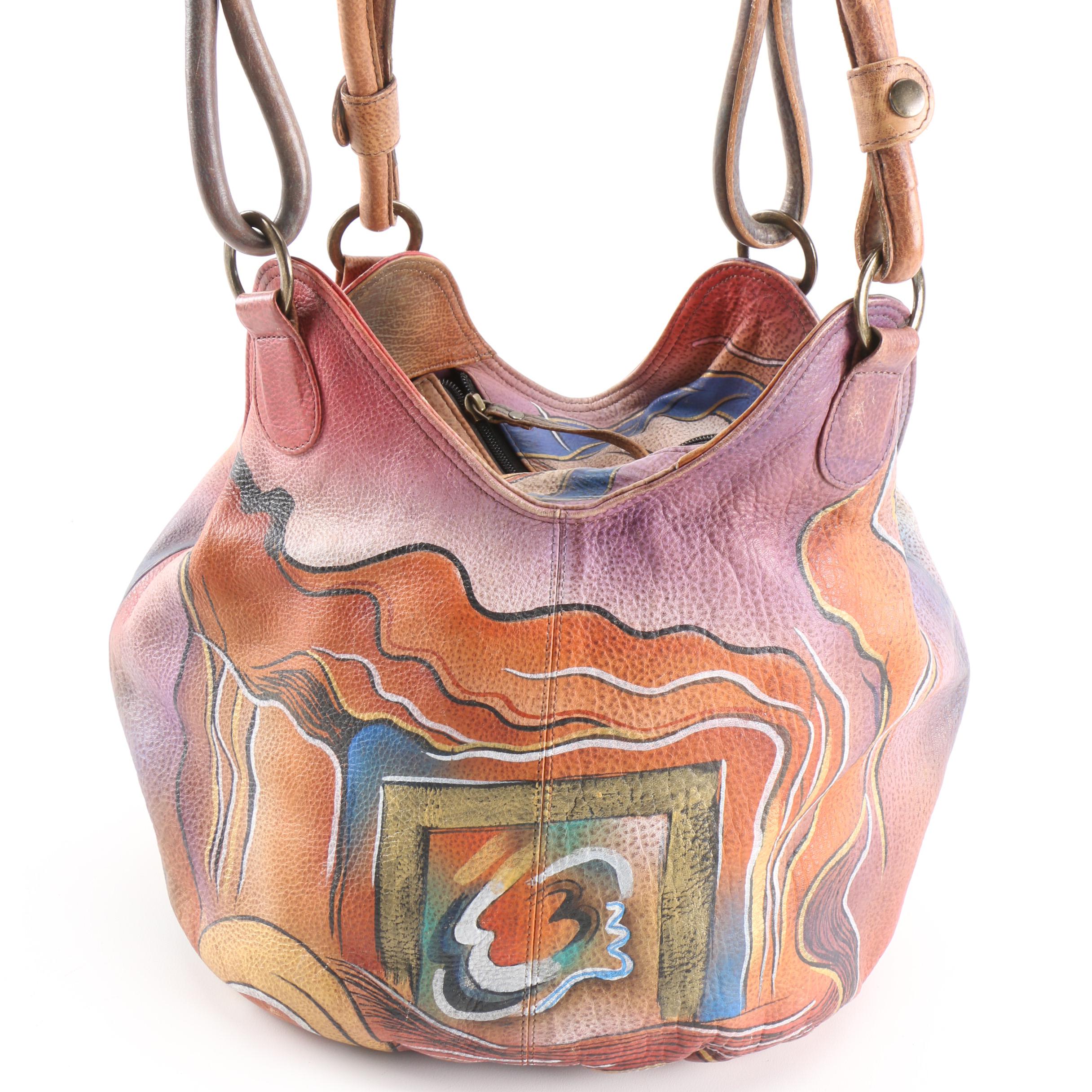 Anuschka Hand-Painted Leather Shoulder Bag with Eyeglass Case