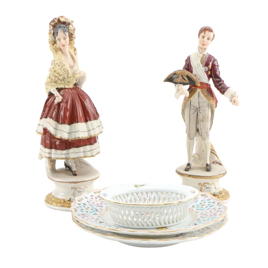 Reticulated Herend Dish with Decorative Plates and Capodimonte Figurines