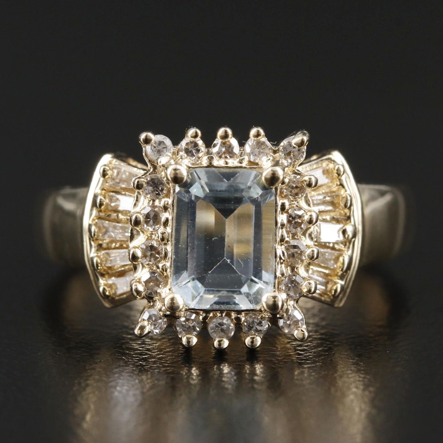 14K Yellow Gold Aquamarine and Diamond Ring