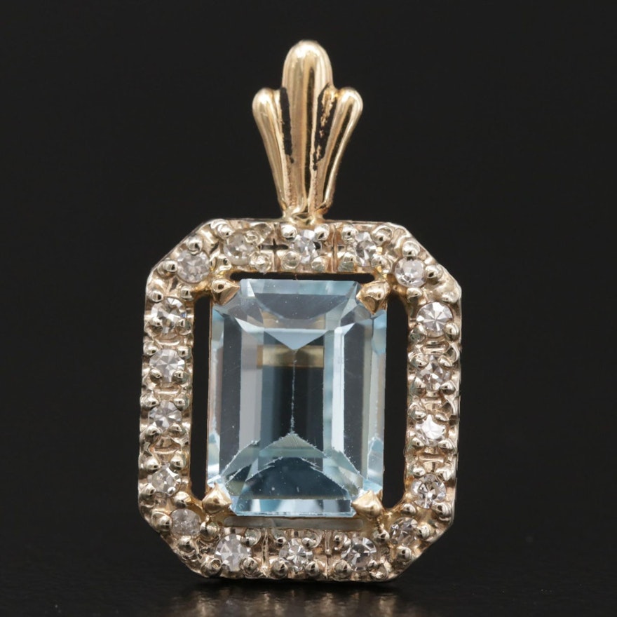 14K Gold Blue Topaz and Diamond Pendant