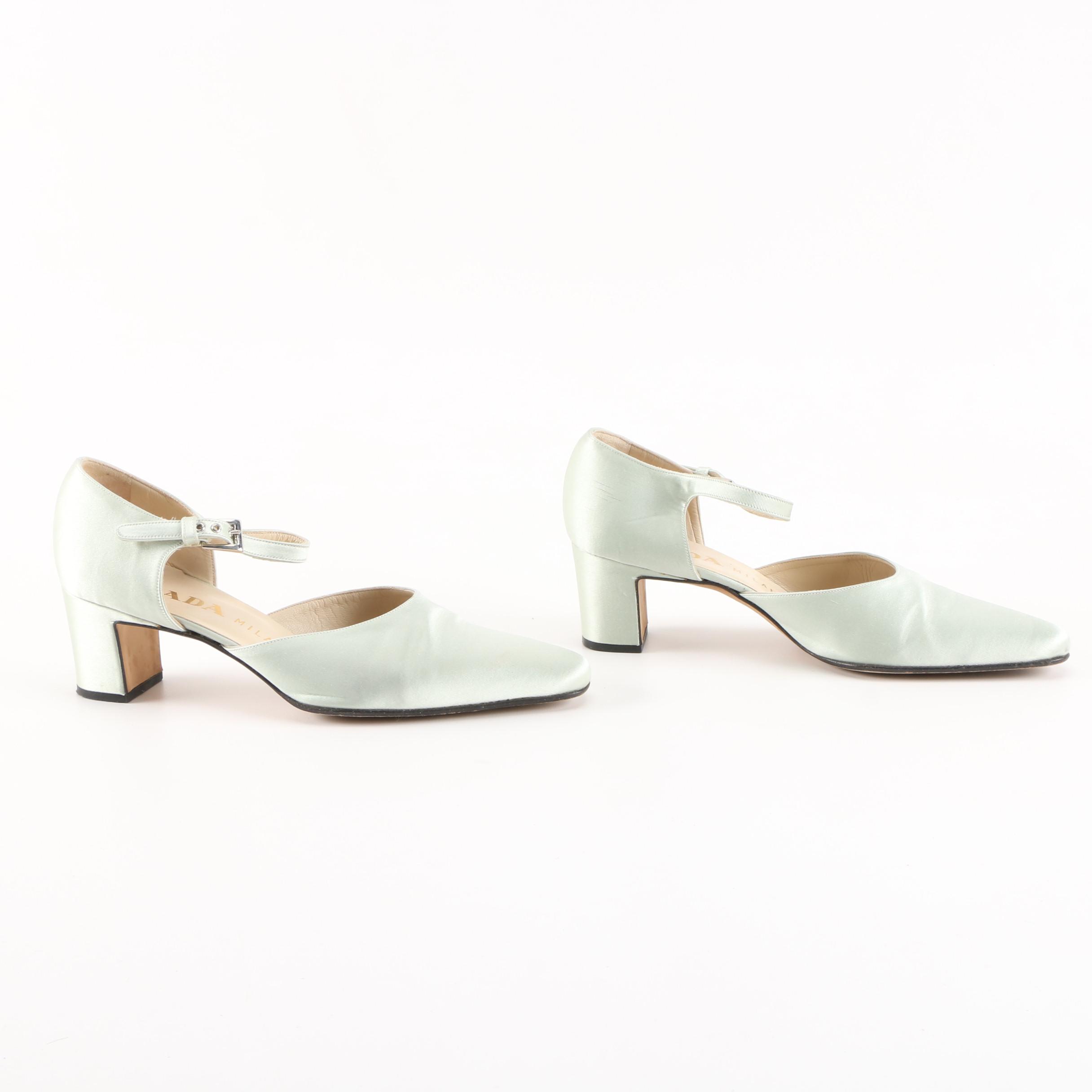 Prada Seafoam Green Satin Low Heel Mary Jane Pumps