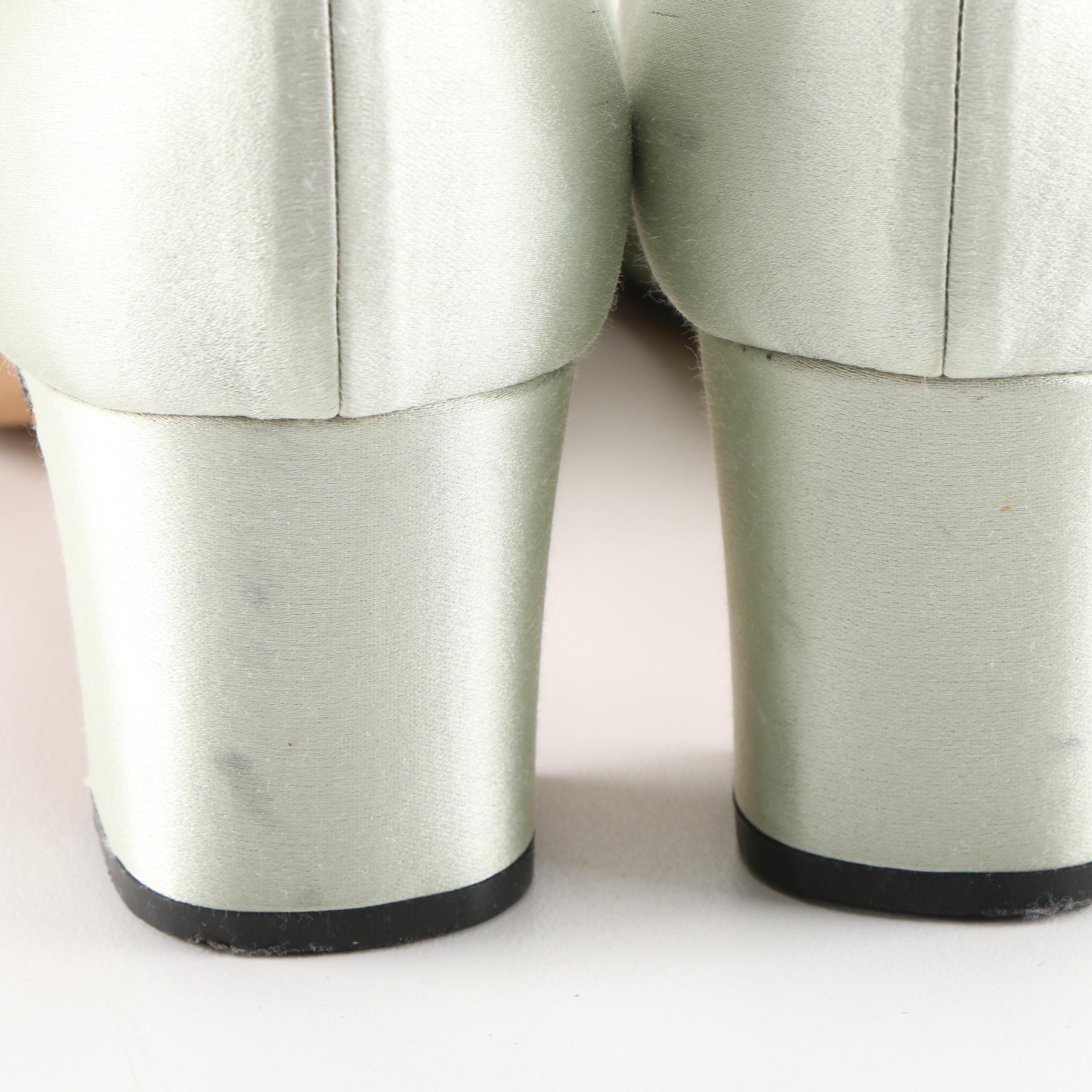 Prada Seafoam Green Satin Low Heel Mary Jane Pumps