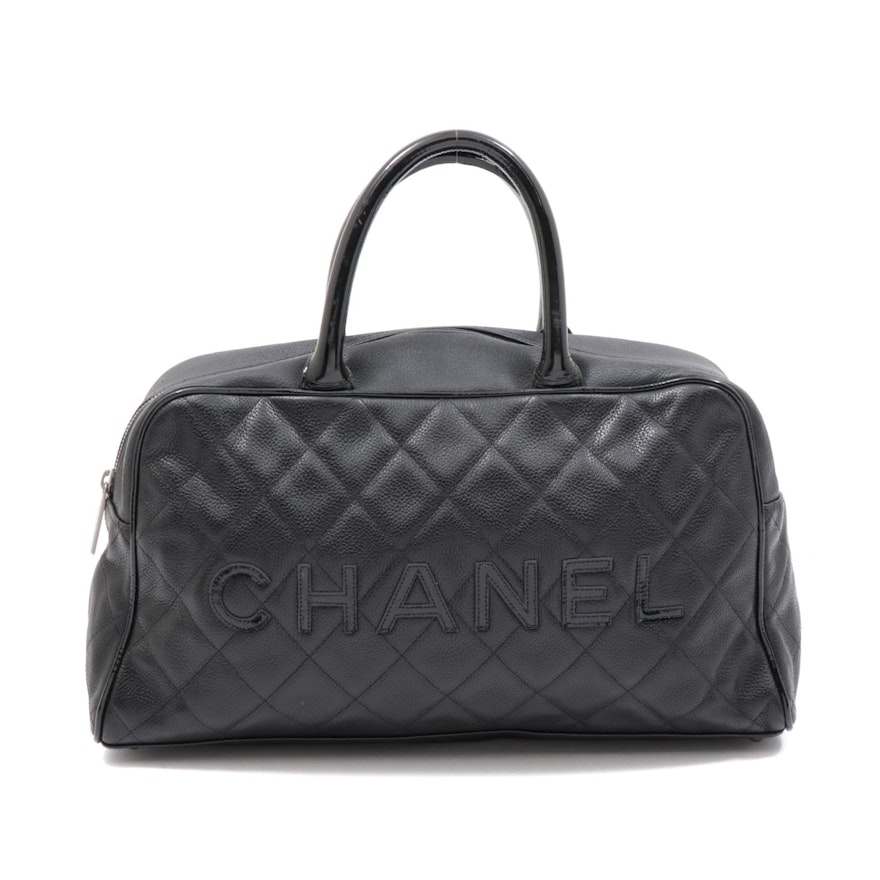 Chanel Black Quilted Caviar Leather Top Handle Satchel with Patent Leather Trim