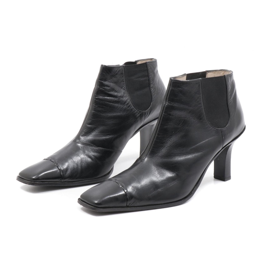 Chanel Black Leather Square Toe Ankle Booties with Elastic Side Panels
