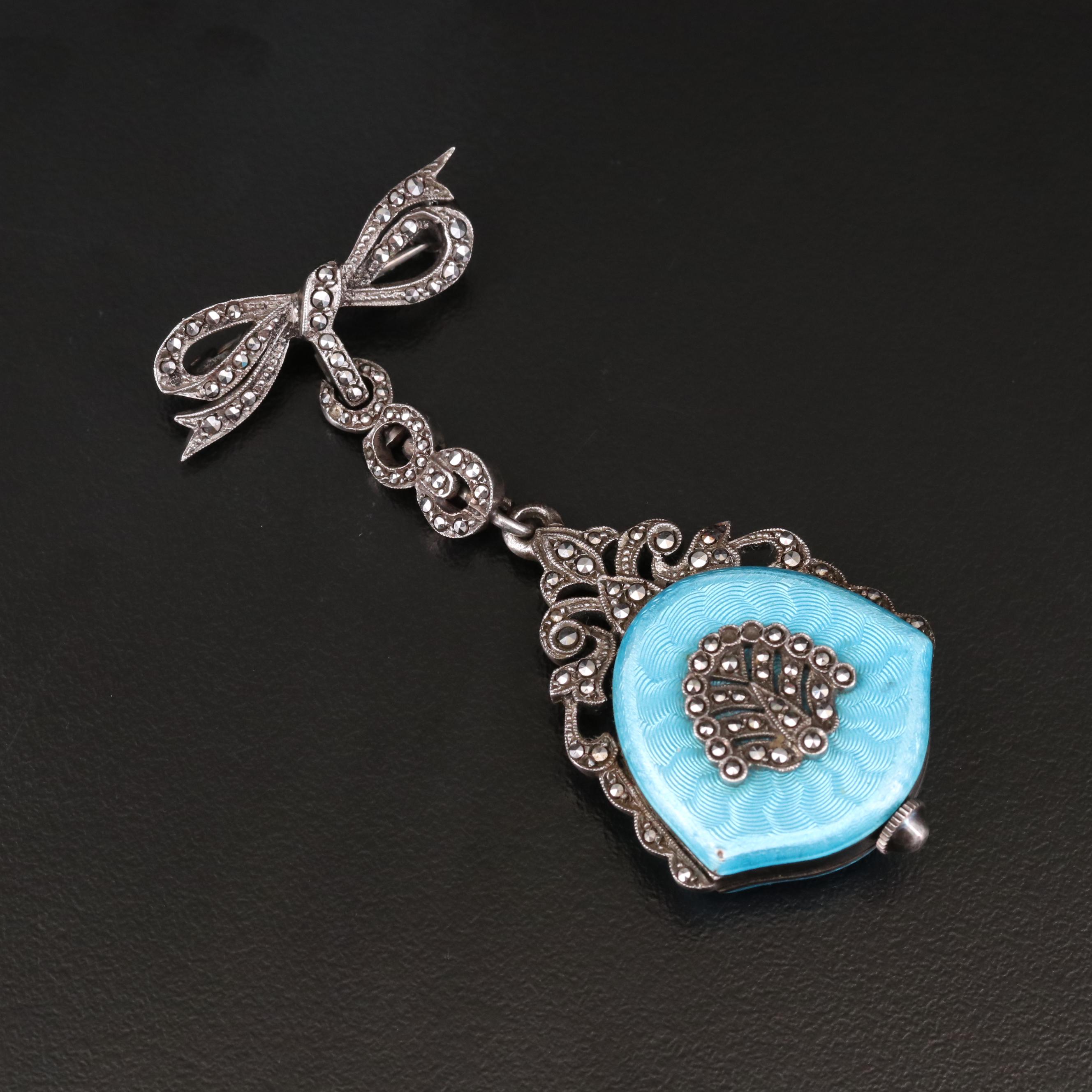 Vintage Bucherer Sterling Silver Enamel and Marcasite Brooch Watch on 800 Brooch