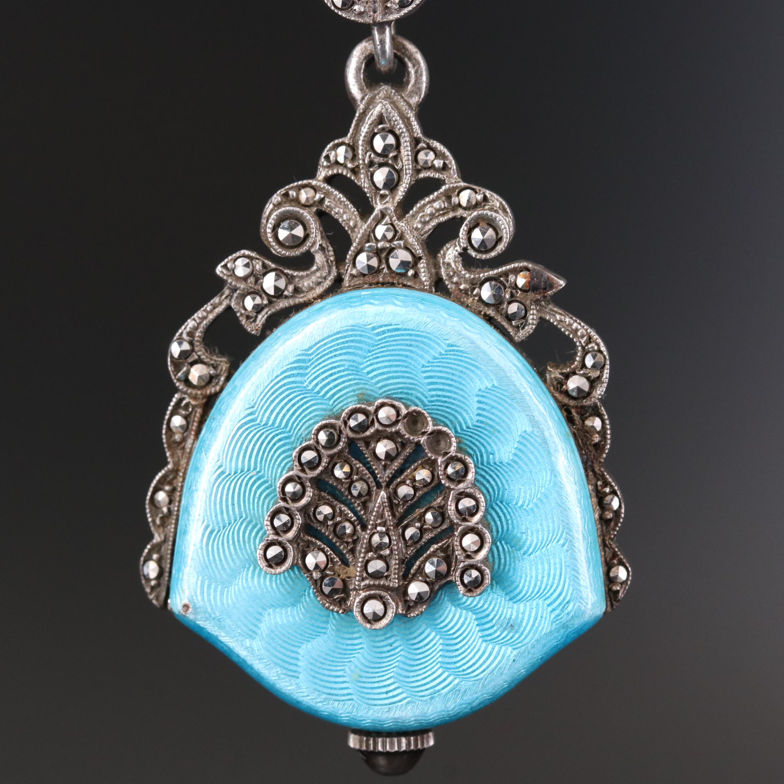 Vintage Bucherer Sterling Silver Enamel and Marcasite Brooch Watch on 800 Brooch