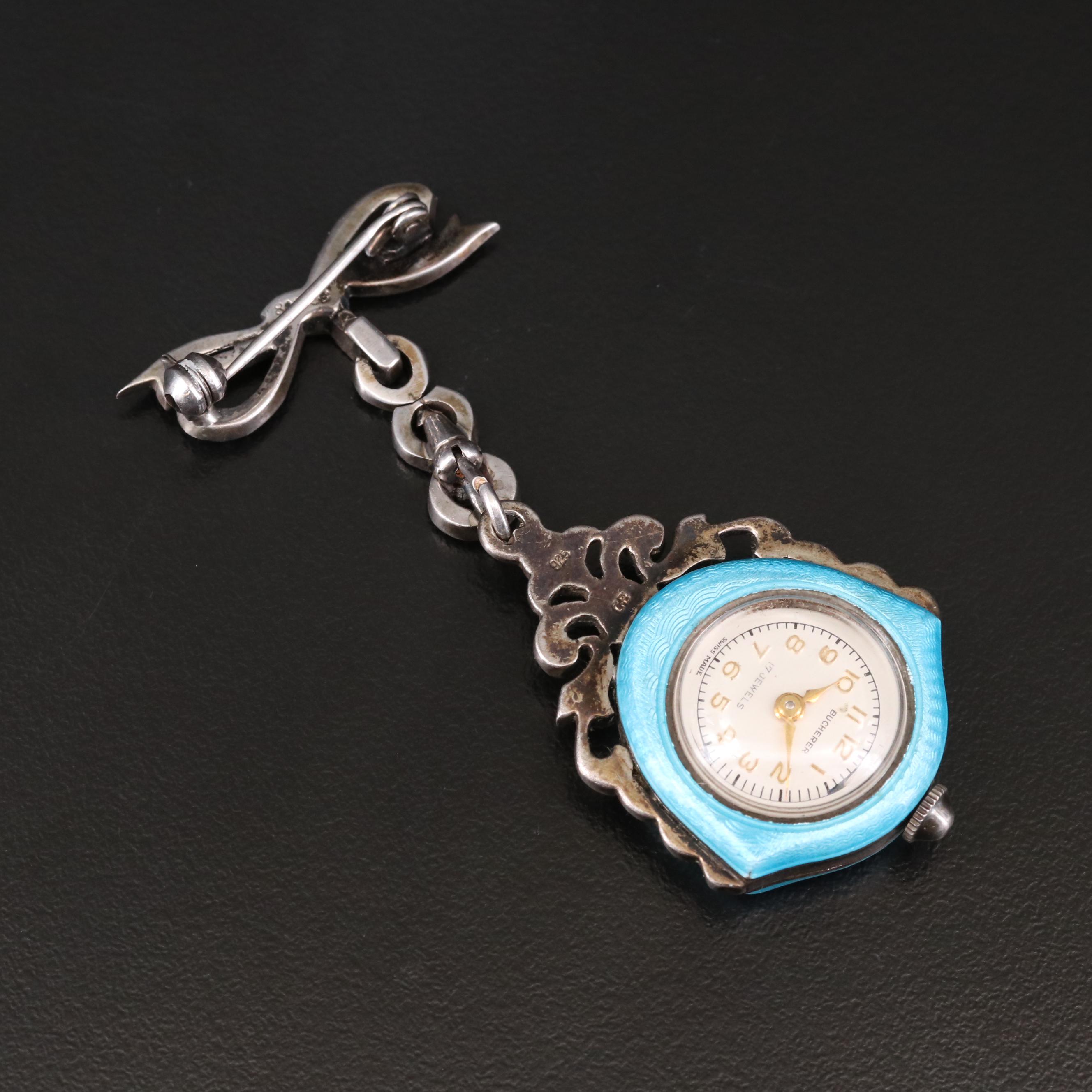 Vintage Bucherer Sterling Silver Enamel and Marcasite Brooch Watch on 800 Brooch