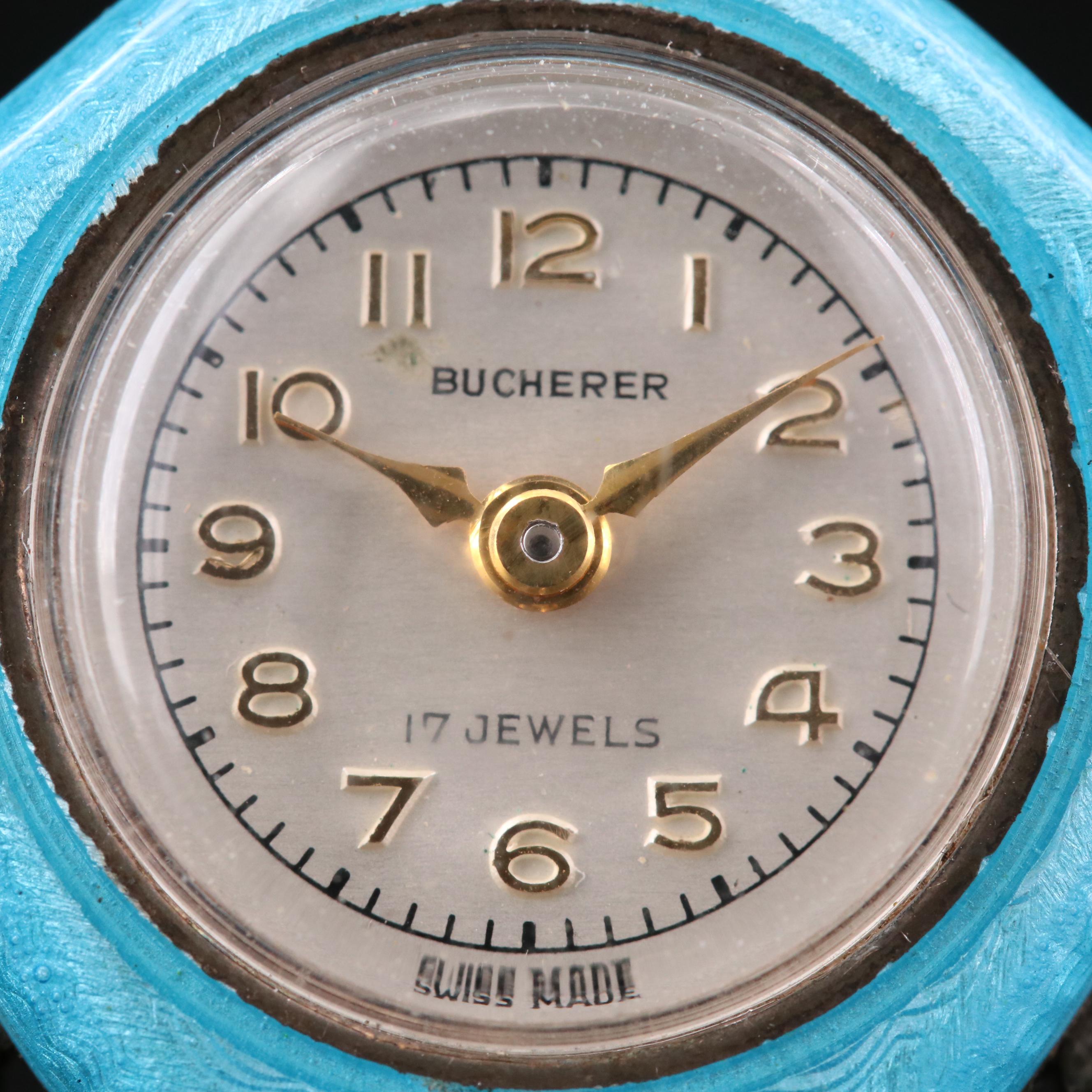 Vintage Bucherer Sterling Silver Enamel and Marcasite Brooch Watch on 800 Brooch