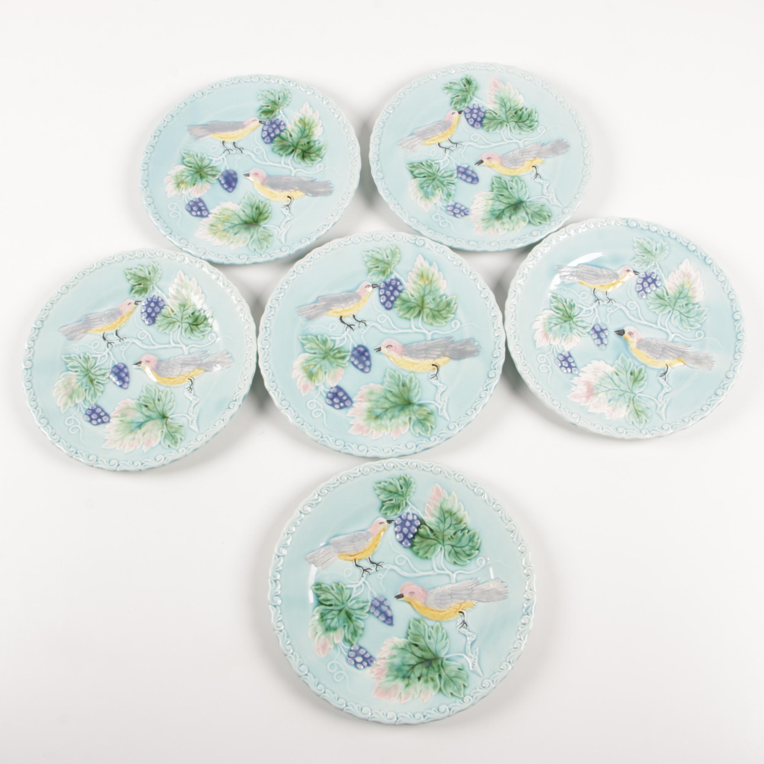 German Majolica Bird and Blackberry Plates, Early 20th Century