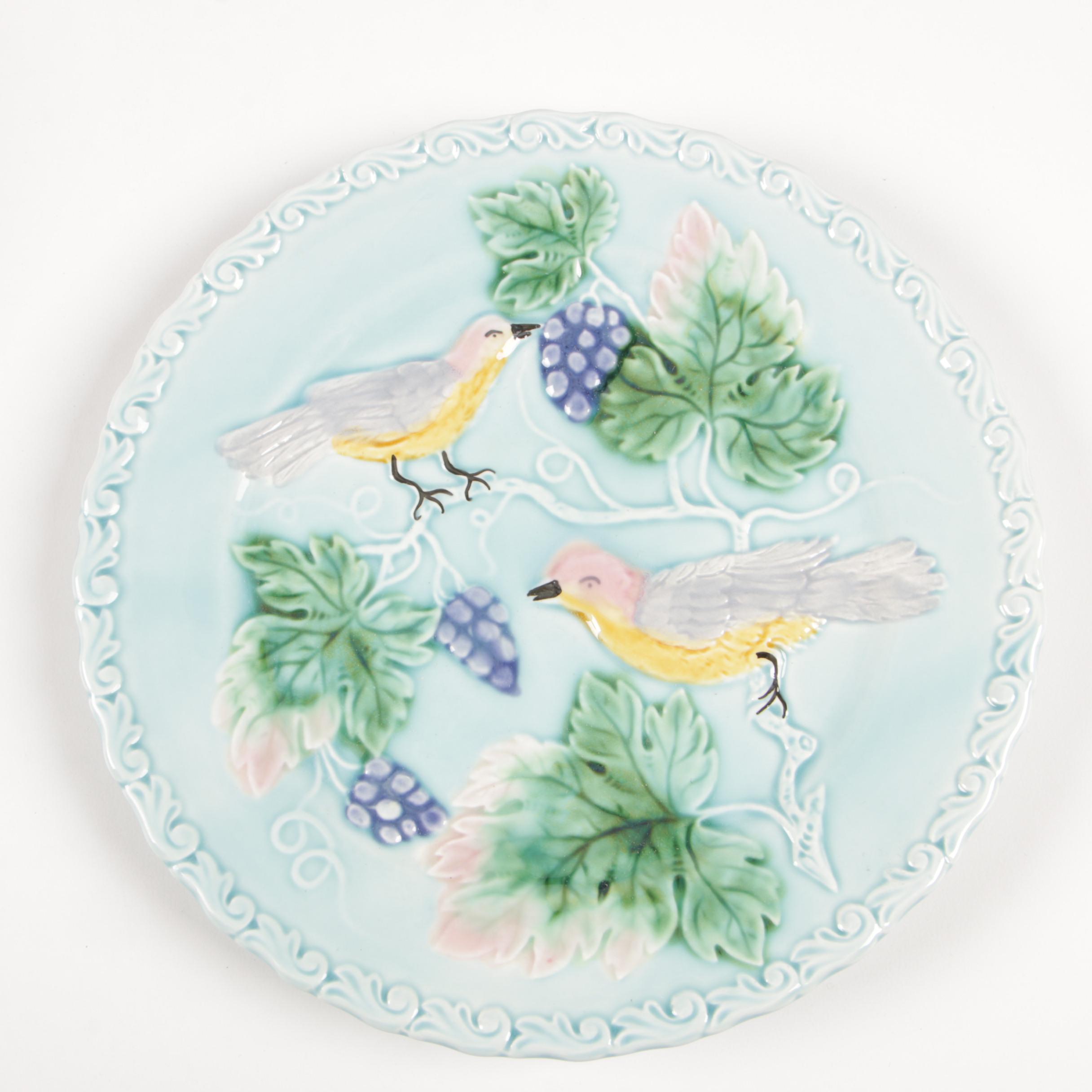 German Majolica Bird and Blackberry Plates, Early 20th Century