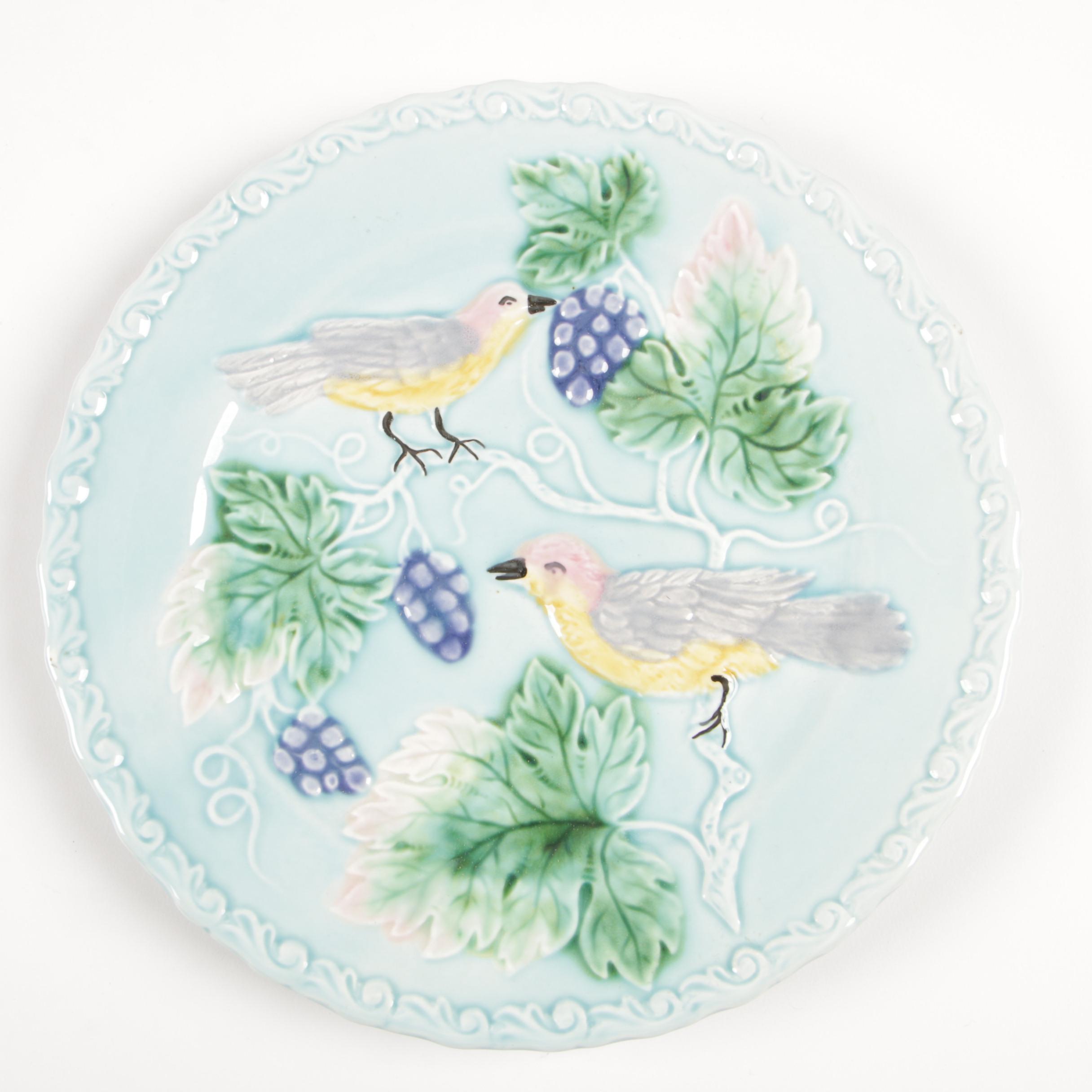 German Majolica Bird and Blackberry Plates, Early 20th Century