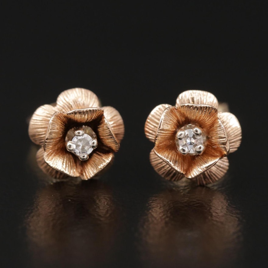 14K Rose and Yellow Gold Diamond Flower Stud Earrings