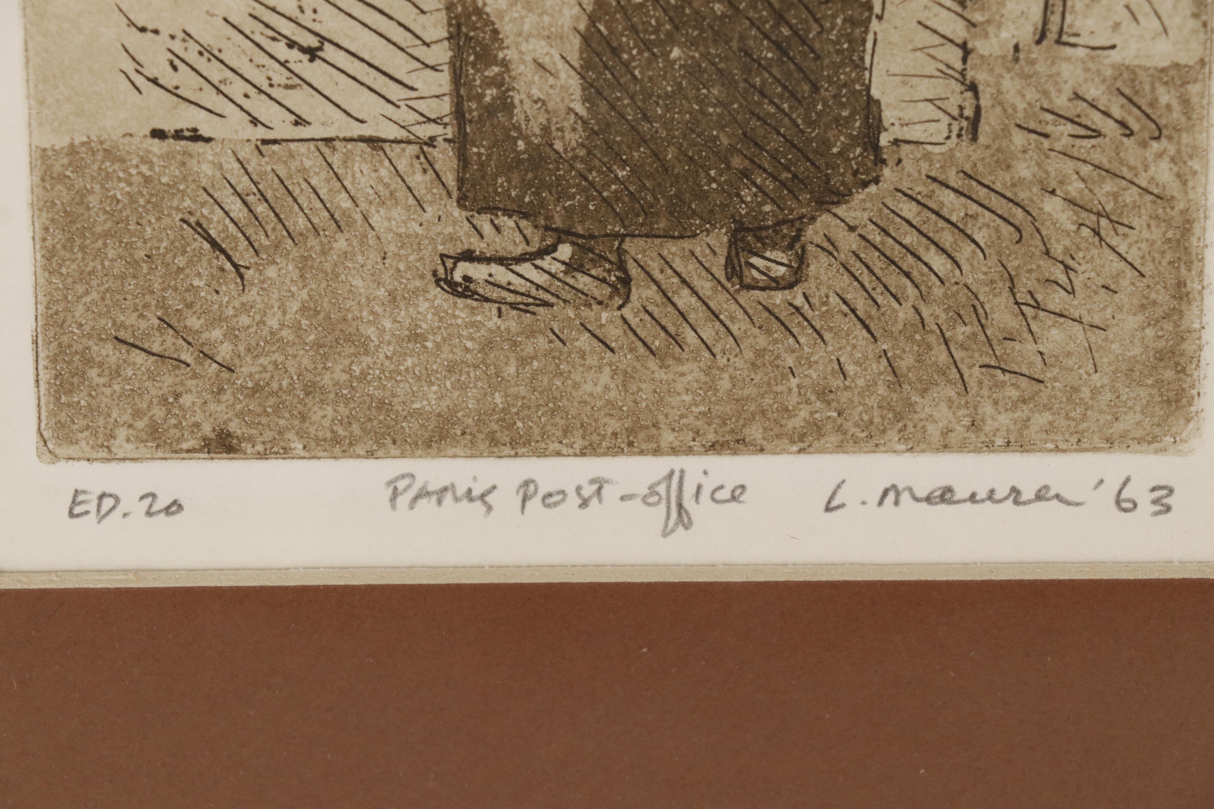 Leonard Maurer Etching with Aquatint "Paris Post Office", 1963