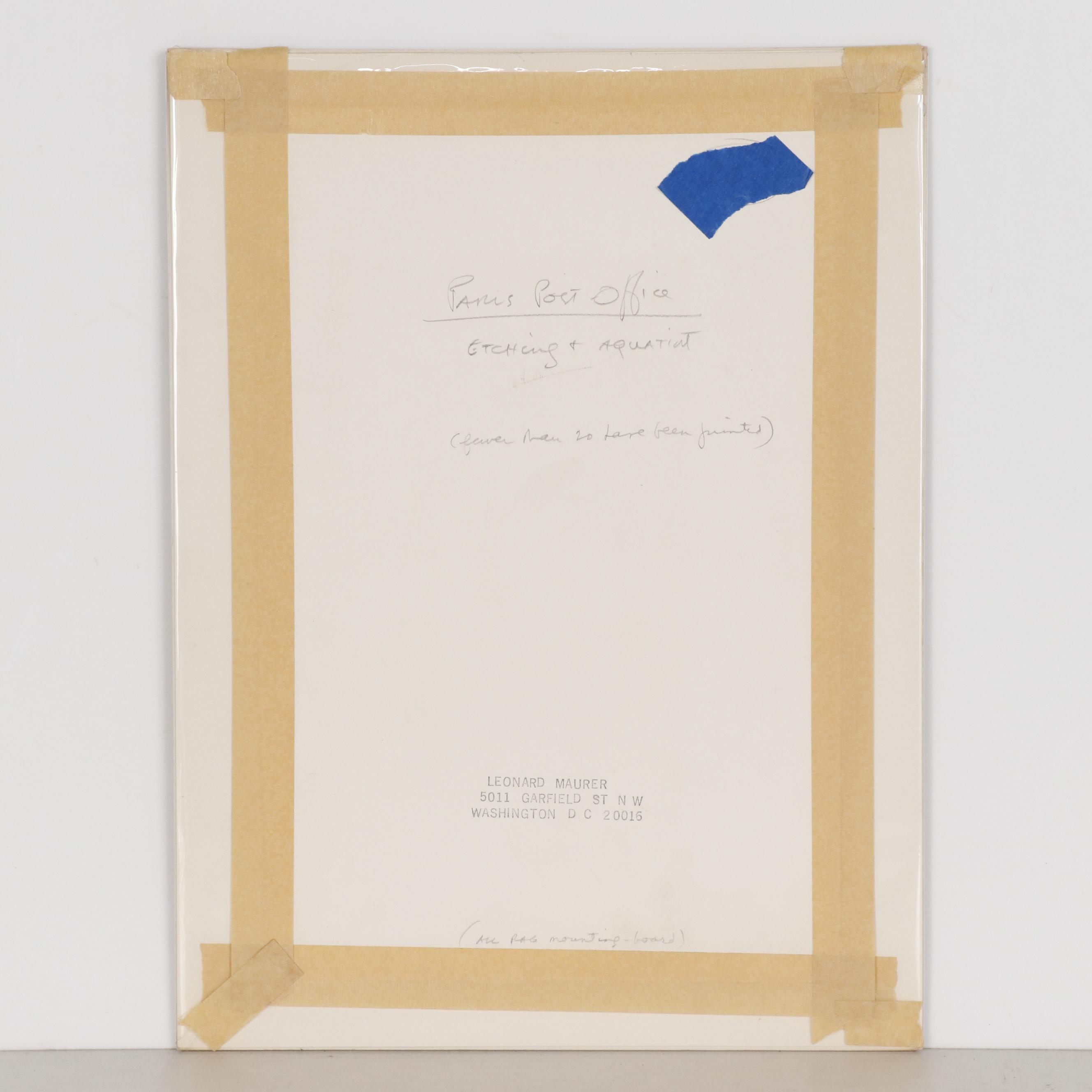 Leonard Maurer Etching with Aquatint "Paris Post Office", 1963