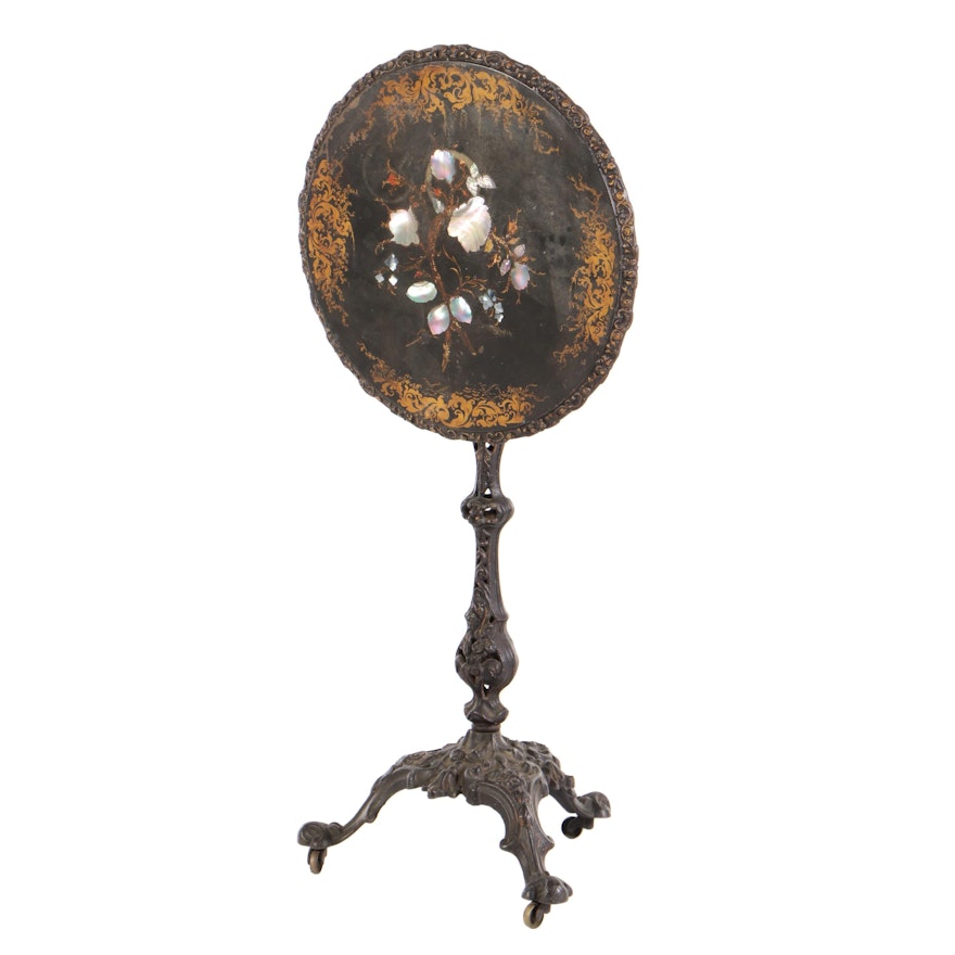 Victorian Mother-of-Pearl Inlaid Cast-Iron Tilt-Top Table, Prob. Coalbrookdale