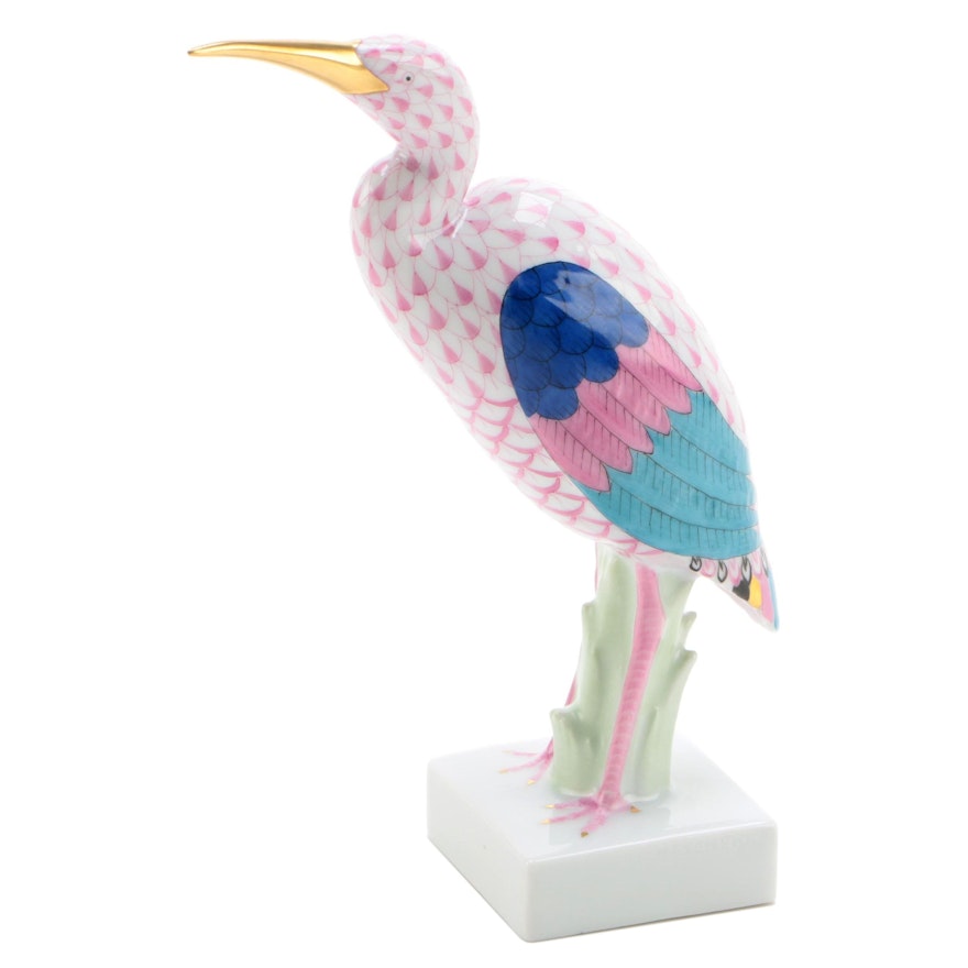Herend Raspberry Fishnet with Gold "Heron" Porcelain Figurine