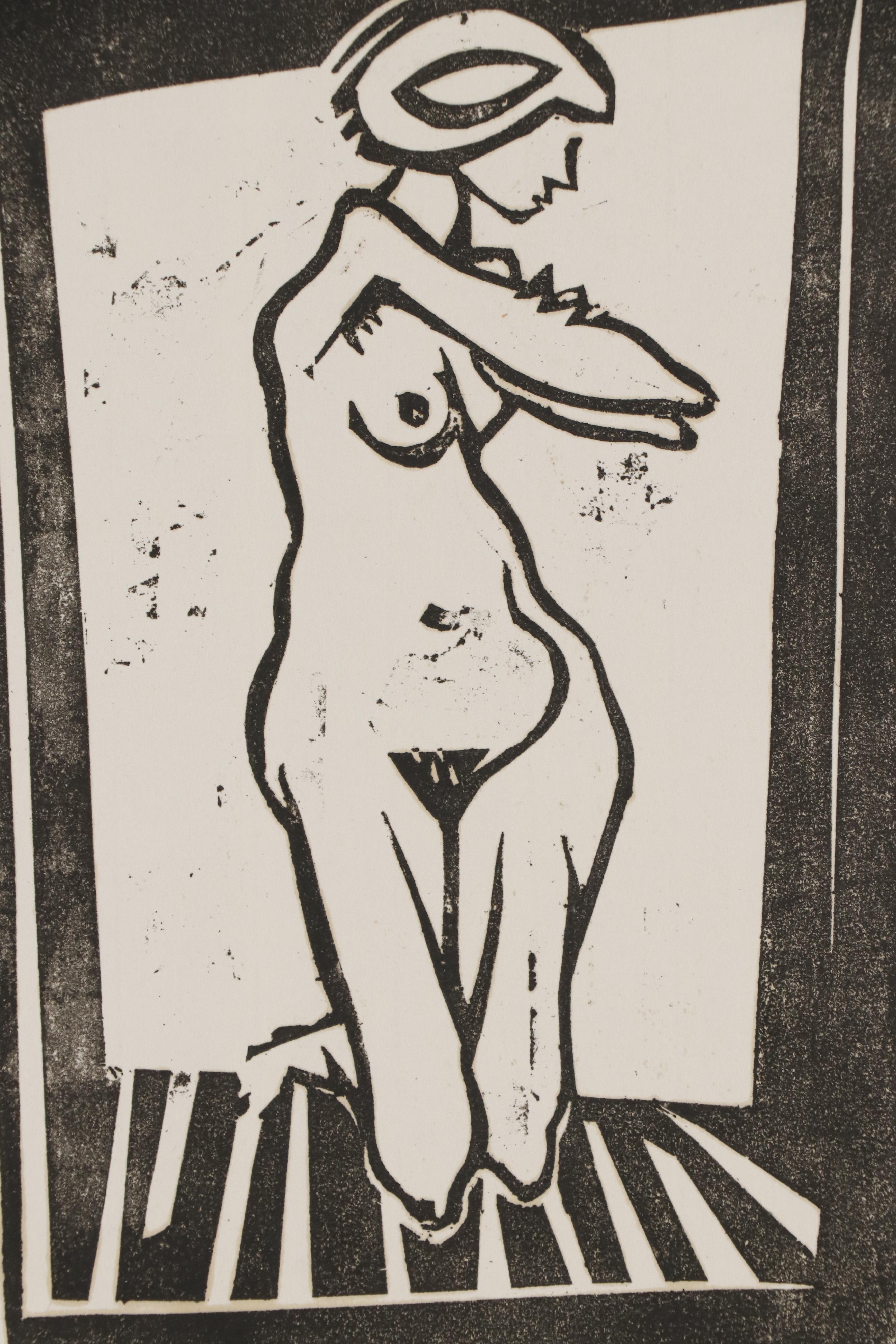 Leonard Maurer Woodcut of Kneeling Female Nude