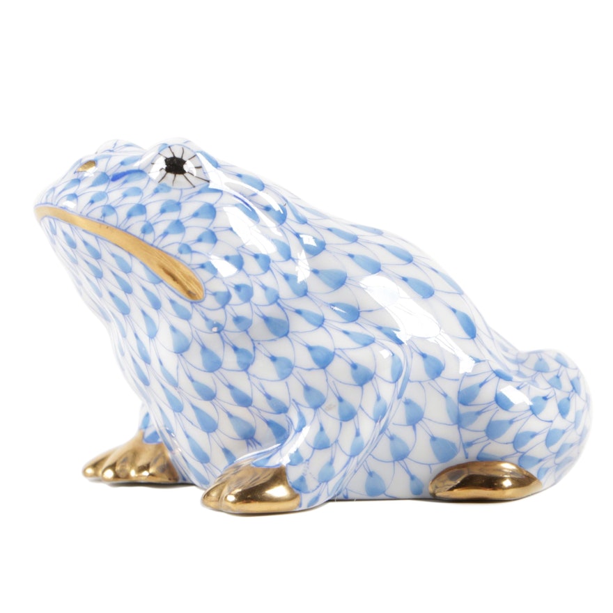 Herend Blue Fishnet with Gold "Frog" Porcelain Figurine