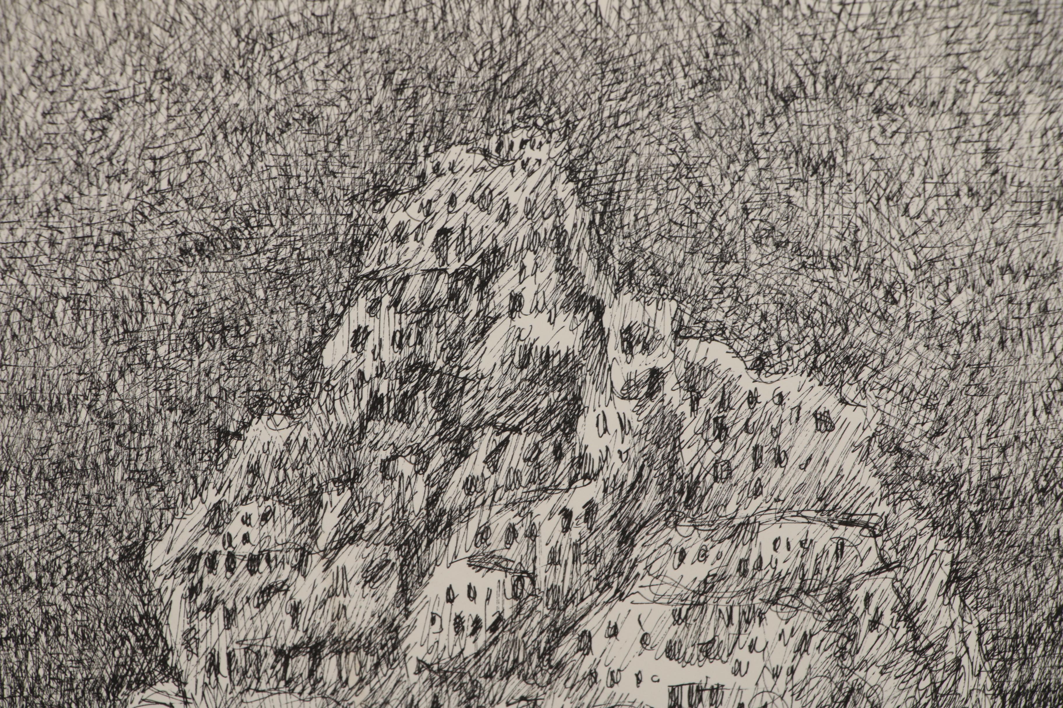 Leonard Maurer Abstract Ink Drawing "Mountain Town", 1973