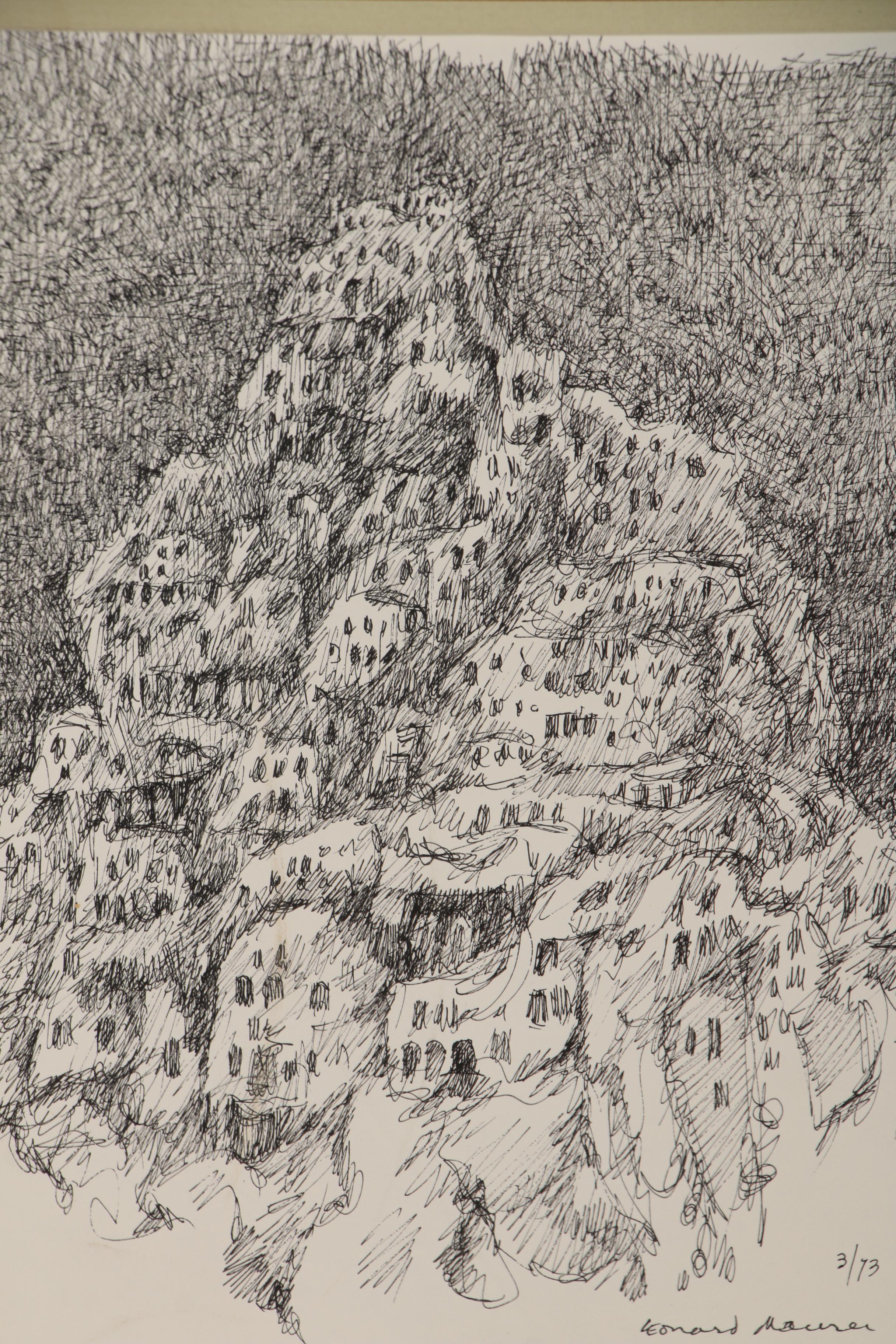 Leonard Maurer Abstract Ink Drawing "Mountain Town", 1973