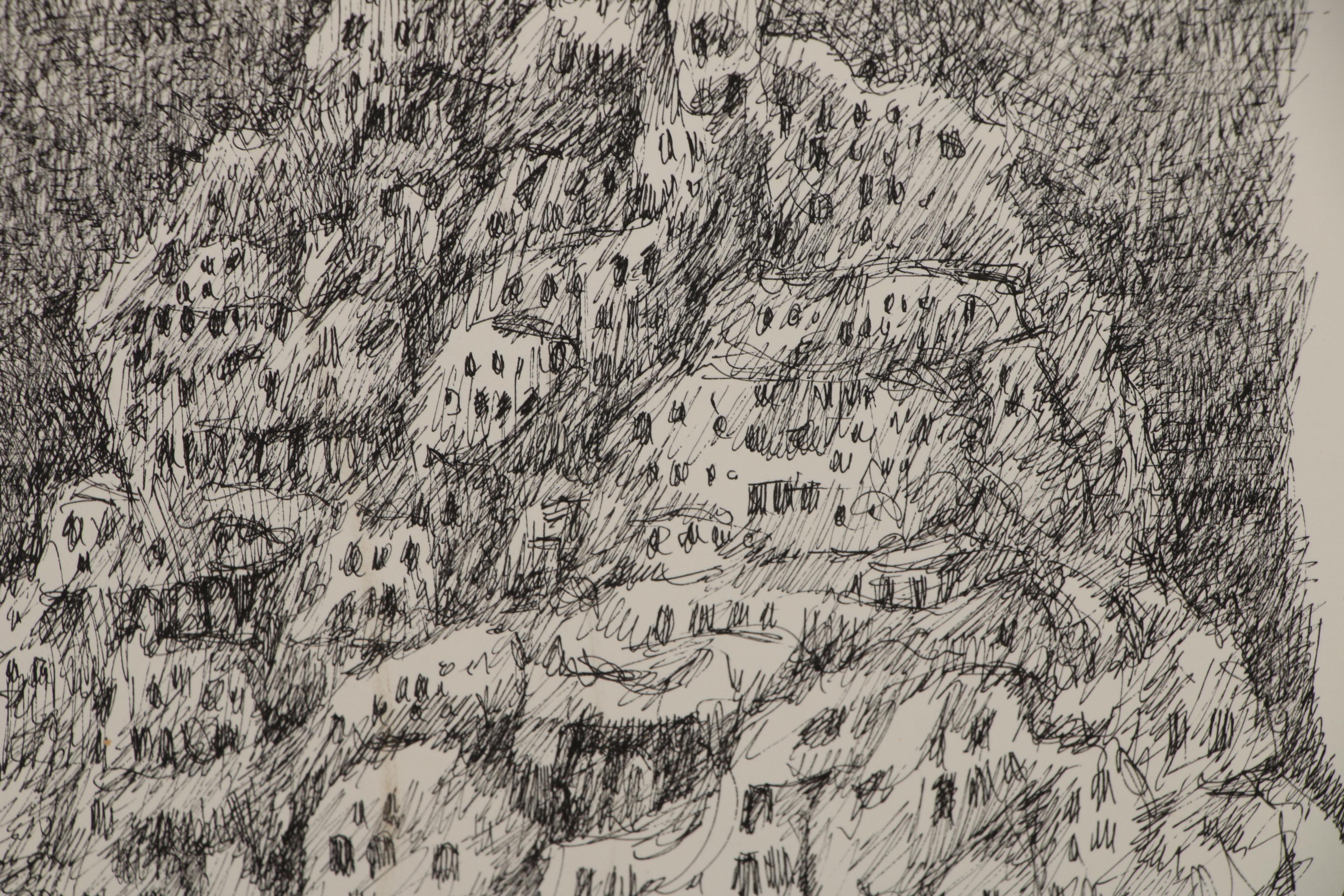 Leonard Maurer Abstract Ink Drawing "Mountain Town", 1973