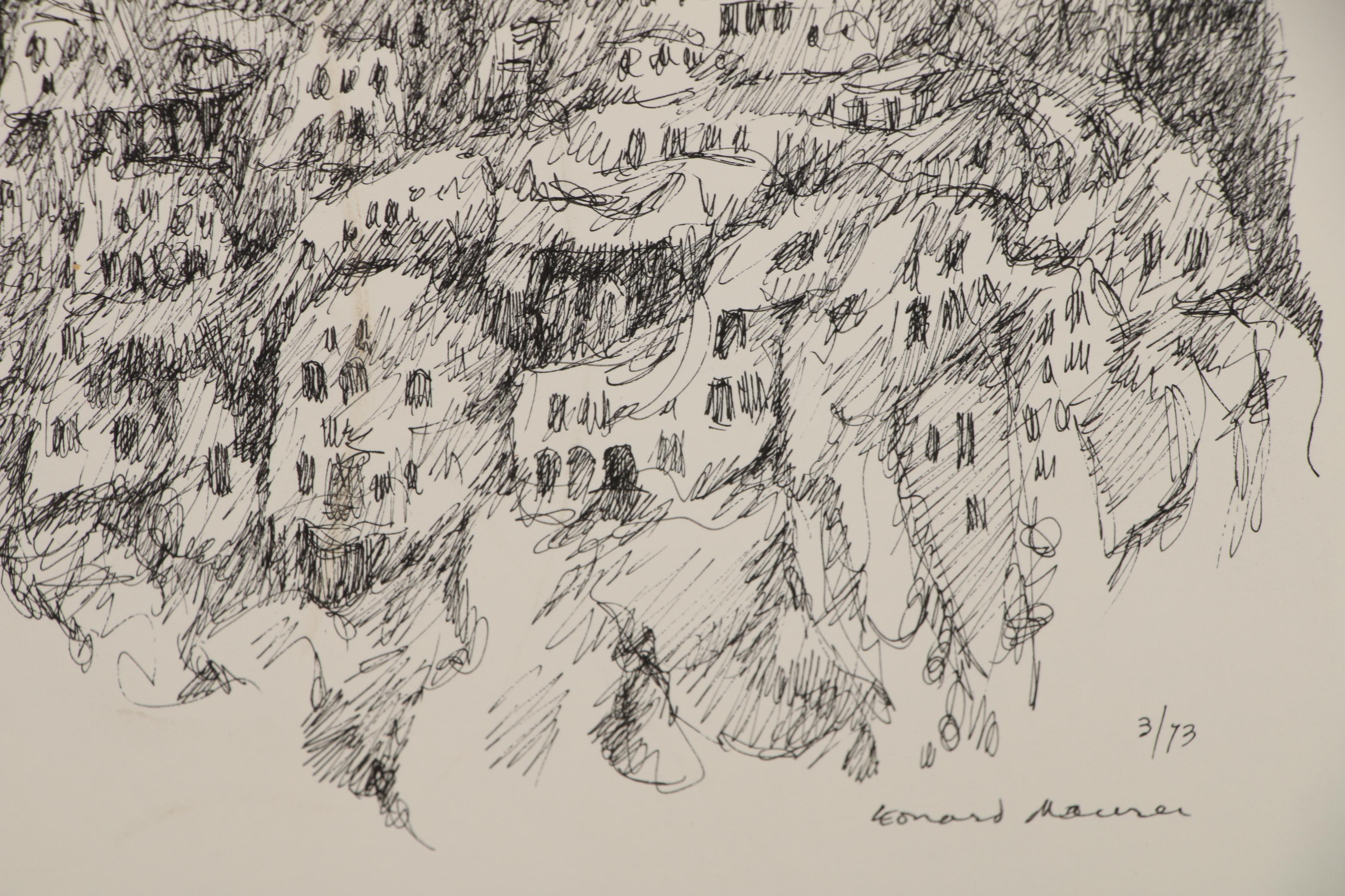 Leonard Maurer Abstract Ink Drawing "Mountain Town", 1973