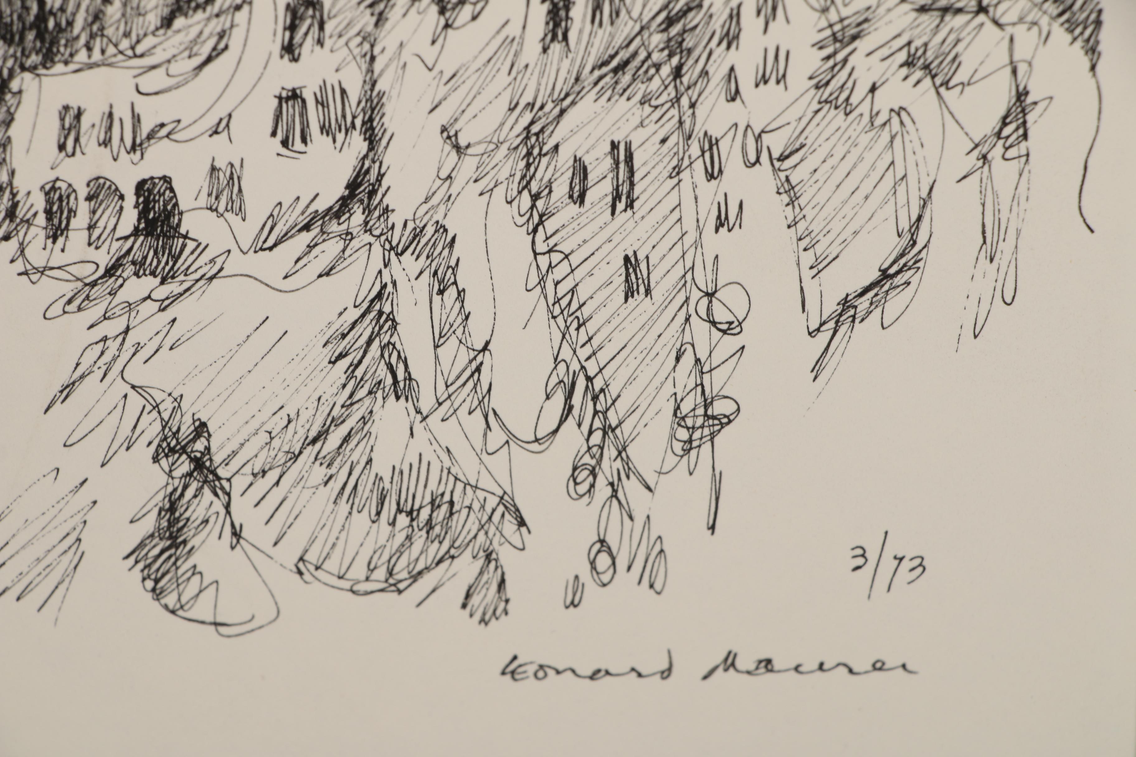 Leonard Maurer Abstract Ink Drawing "Mountain Town", 1973