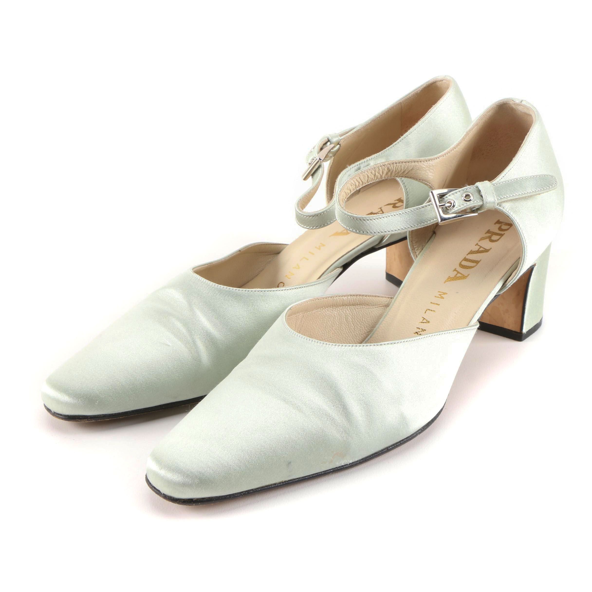 Prada Seafoam Green Satin Low Heel Mary Jane Pumps