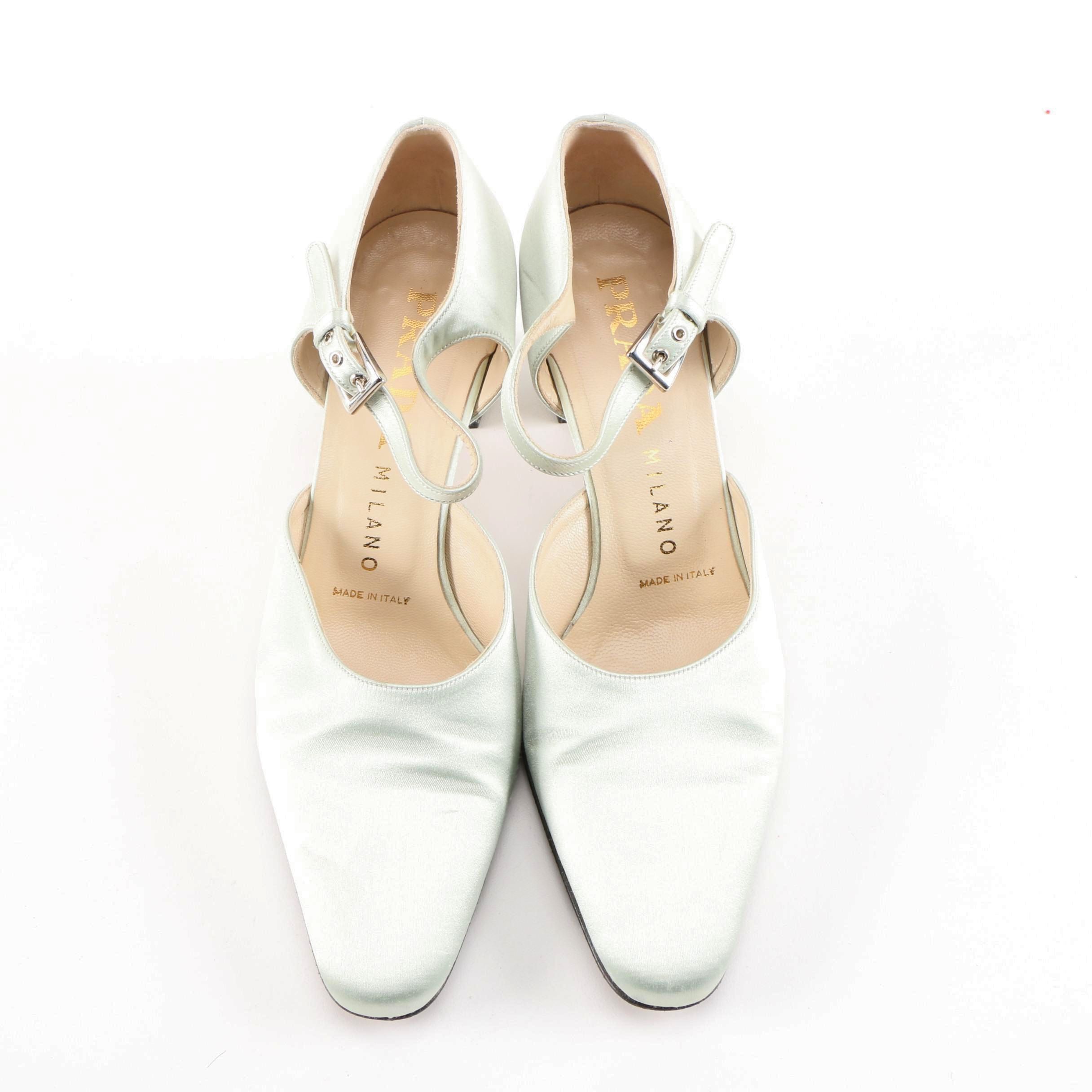 Prada Seafoam Green Satin Low Heel Mary Jane Pumps