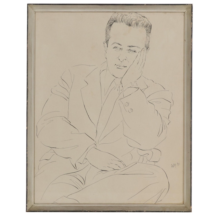 Barbara Swan Ink Portrait of Male Figure, 1953