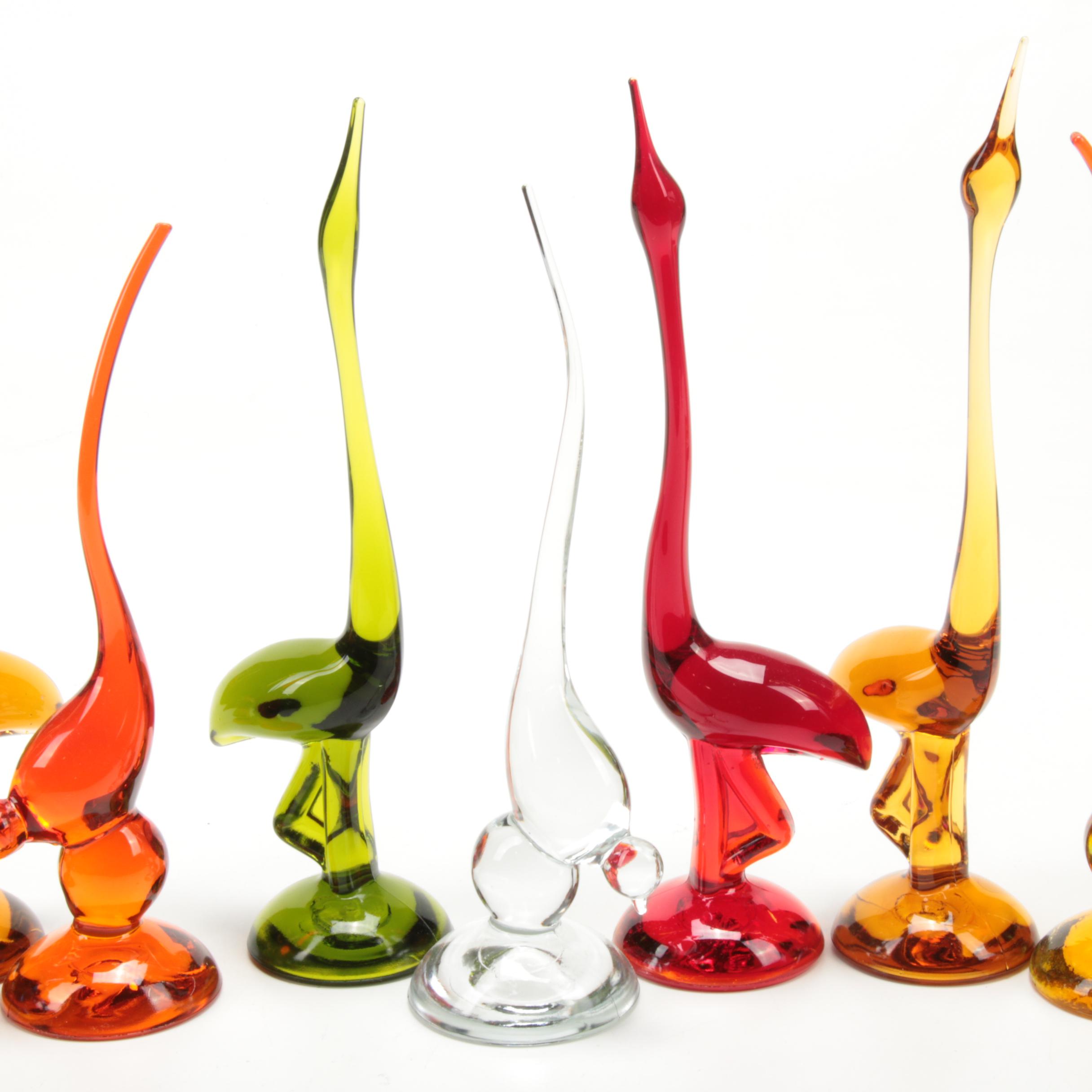 Viking Glass "Epic Long Tailed" and "Egret" Bird Figurines, Mid to Late 20th C.