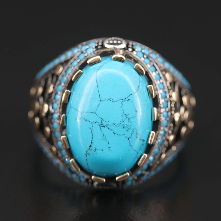 Sterling Silver Imitation Turquoise and Glass Ring Featuring Crown Motif