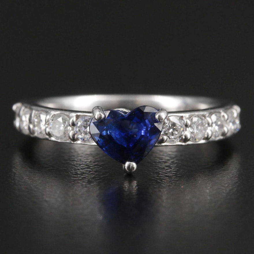 Platinum Ring with Heart Faceted Sapphire and Diamond Shoulders