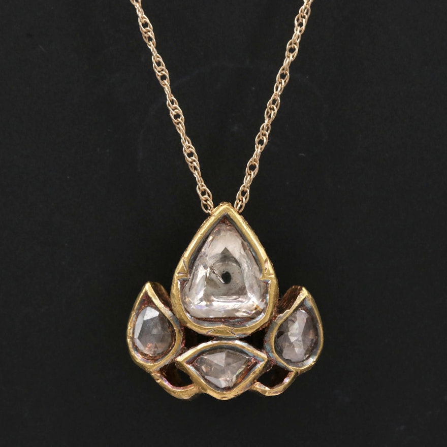 Mughal Style Sterling Diamond and Cloisonné Pendant on 14K Serpentine Chain