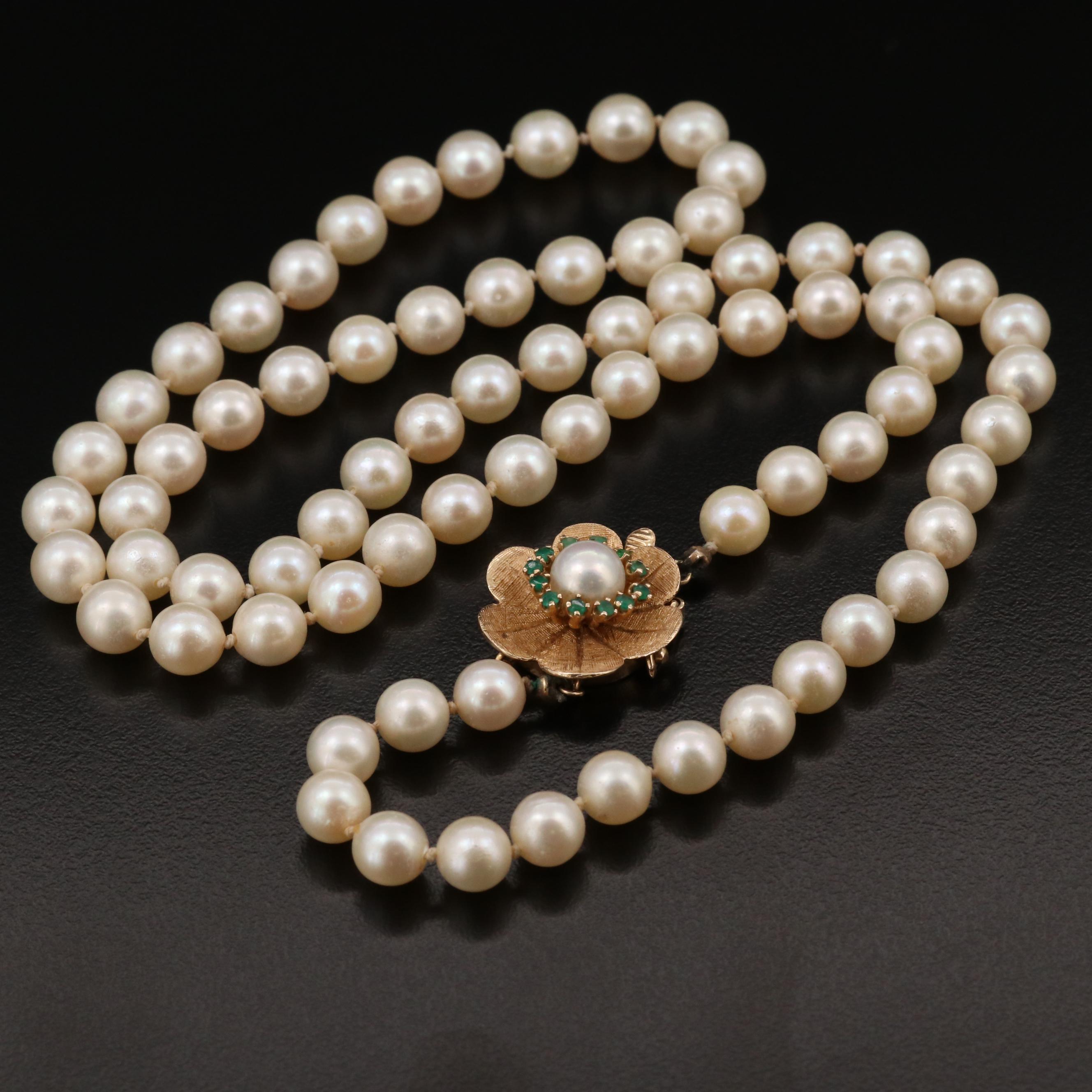 Single Strand Pearl Necklace with 14K Gold Chalcedony Clasp
