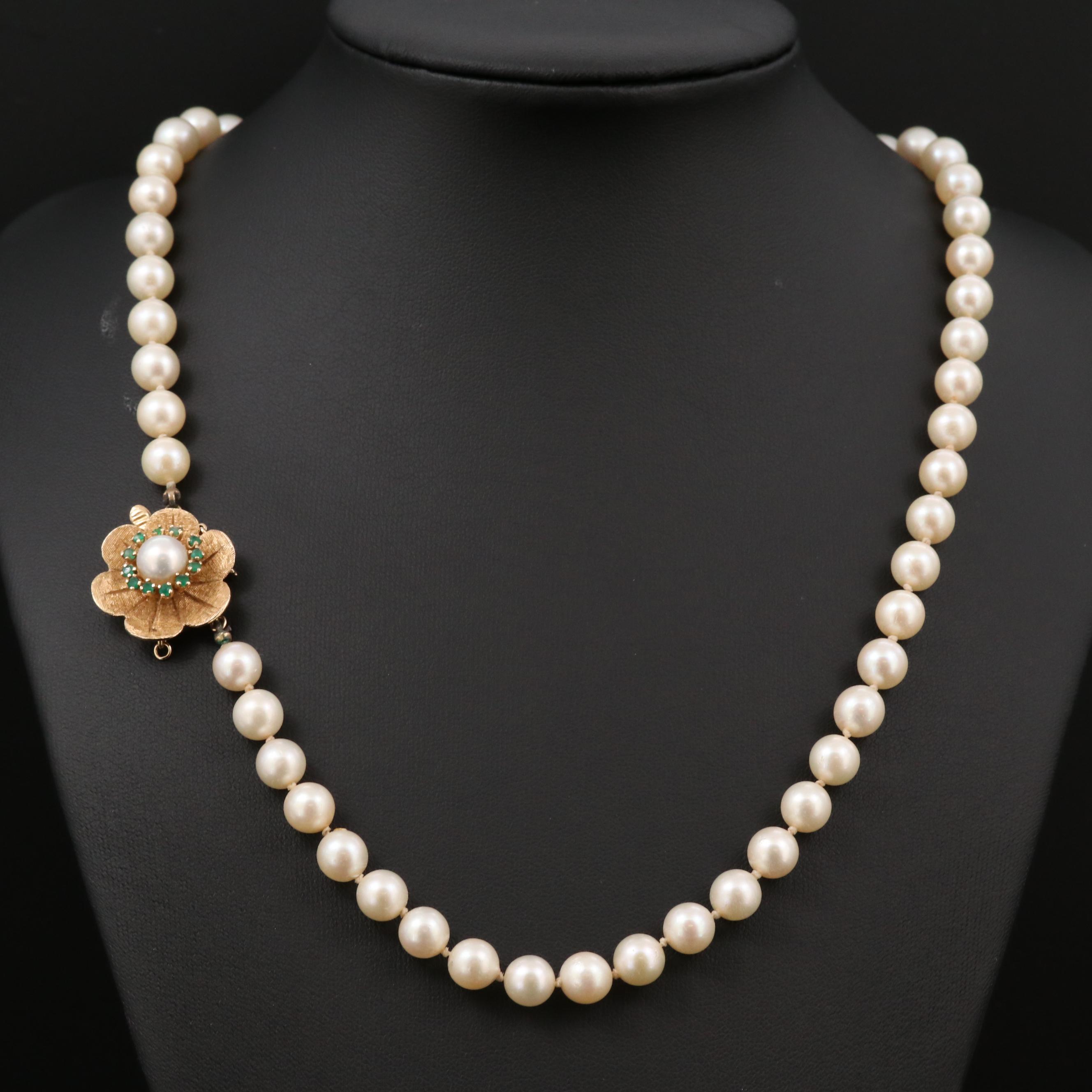 Single Strand Pearl Necklace with 14K Gold Chalcedony Clasp