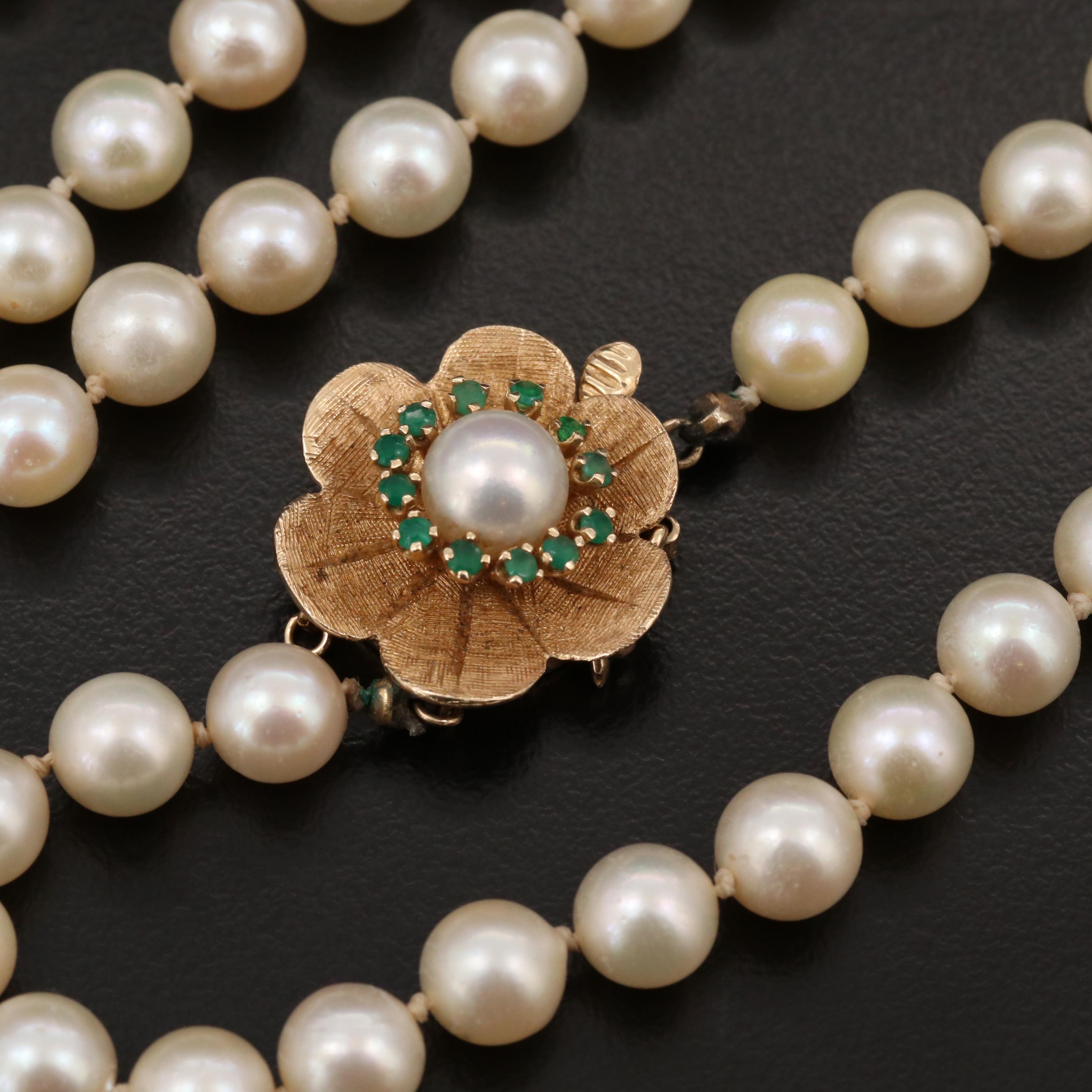 Single Strand Pearl Necklace with 14K Gold Chalcedony Clasp