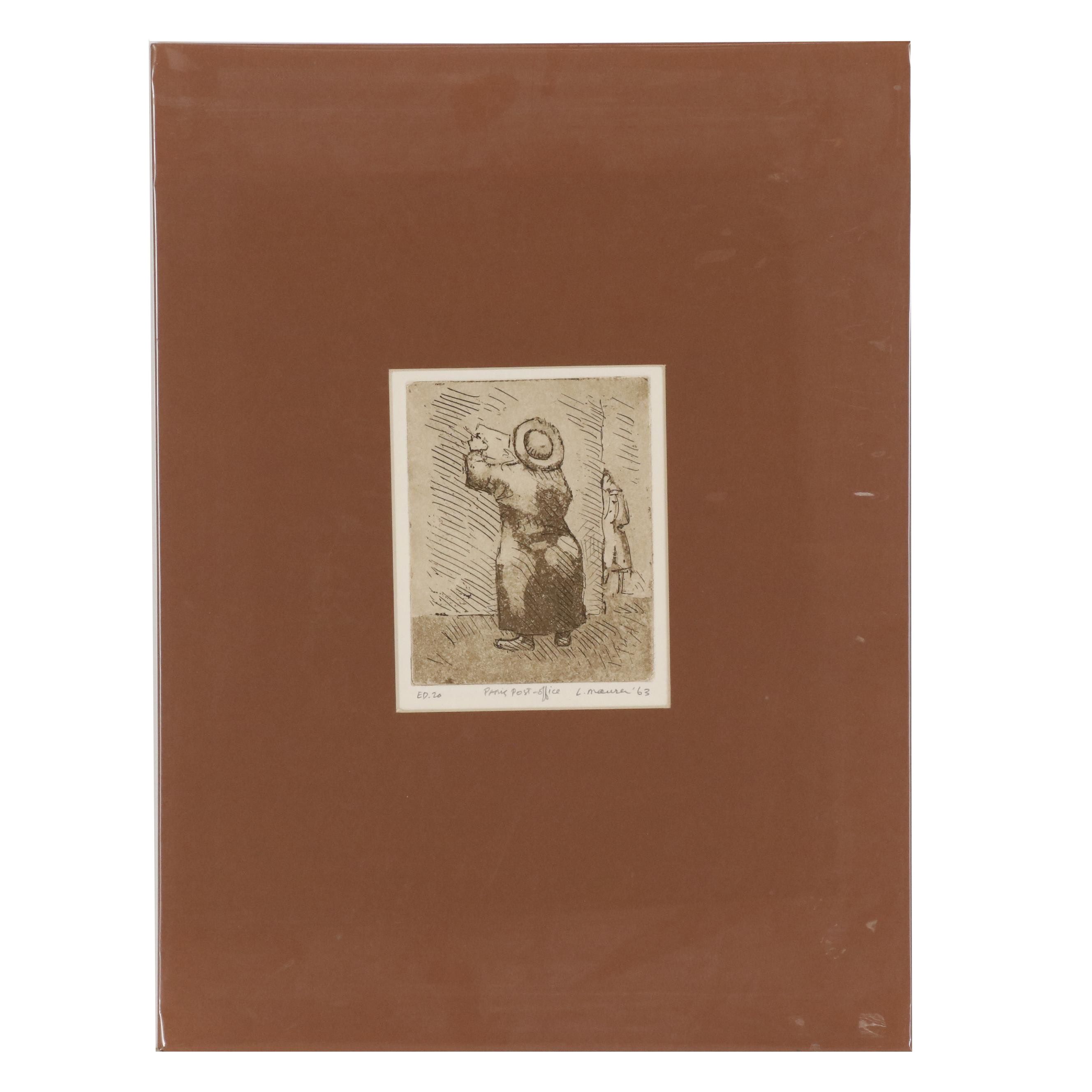 Leonard Maurer Etching with Aquatint "Paris Post Office", 1963