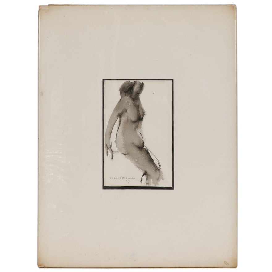 Leonard Maurer Ink Wash Figure Study "Nude", 1957